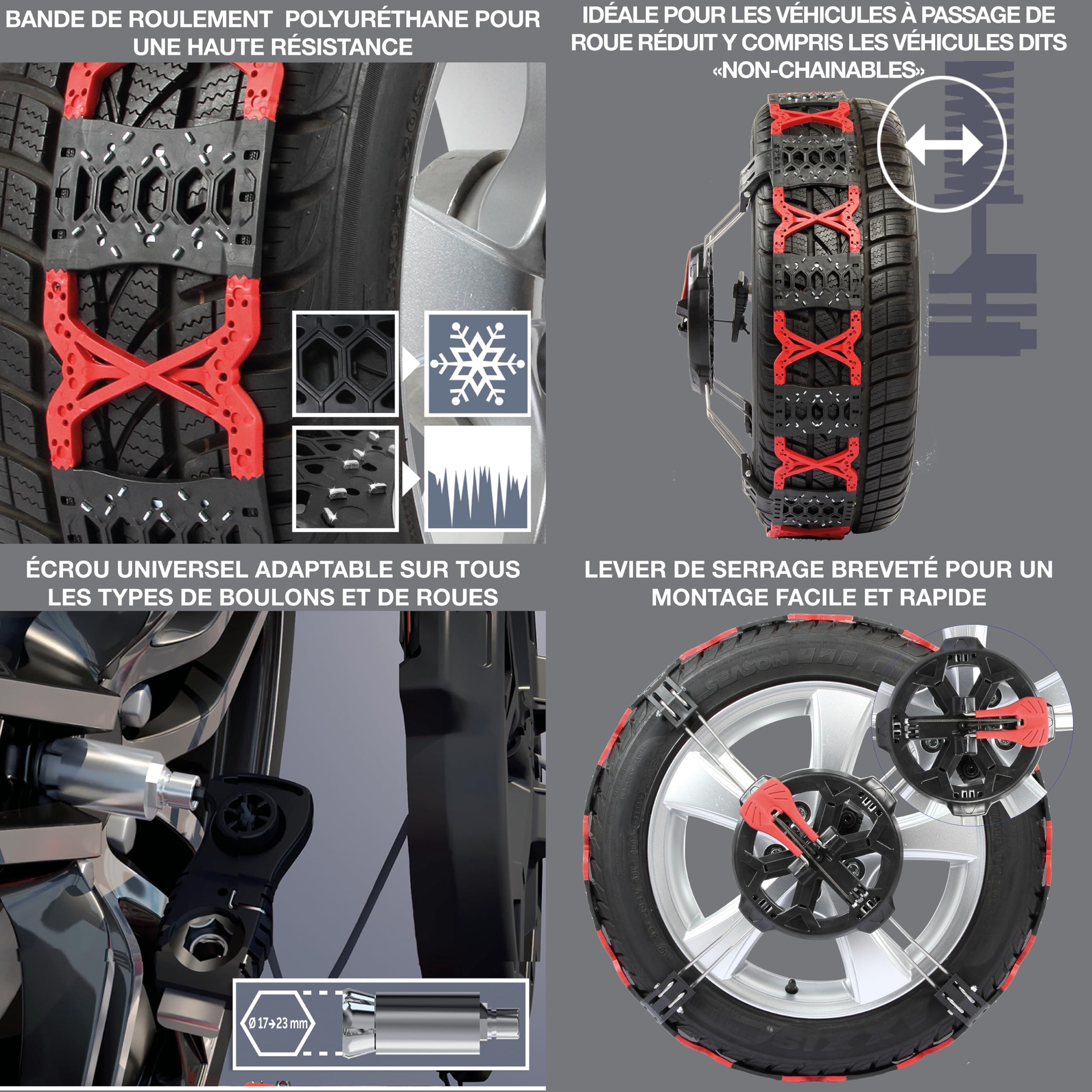 Polaire Grip - Paire de Chaines à Neige Frontales Pour Pneu Auto - Adhérence et Grip d'une Chaine - Sur Neige et Glace - Tension et Montage Rapide et Facile - Tension et Centrage automatiques (120)