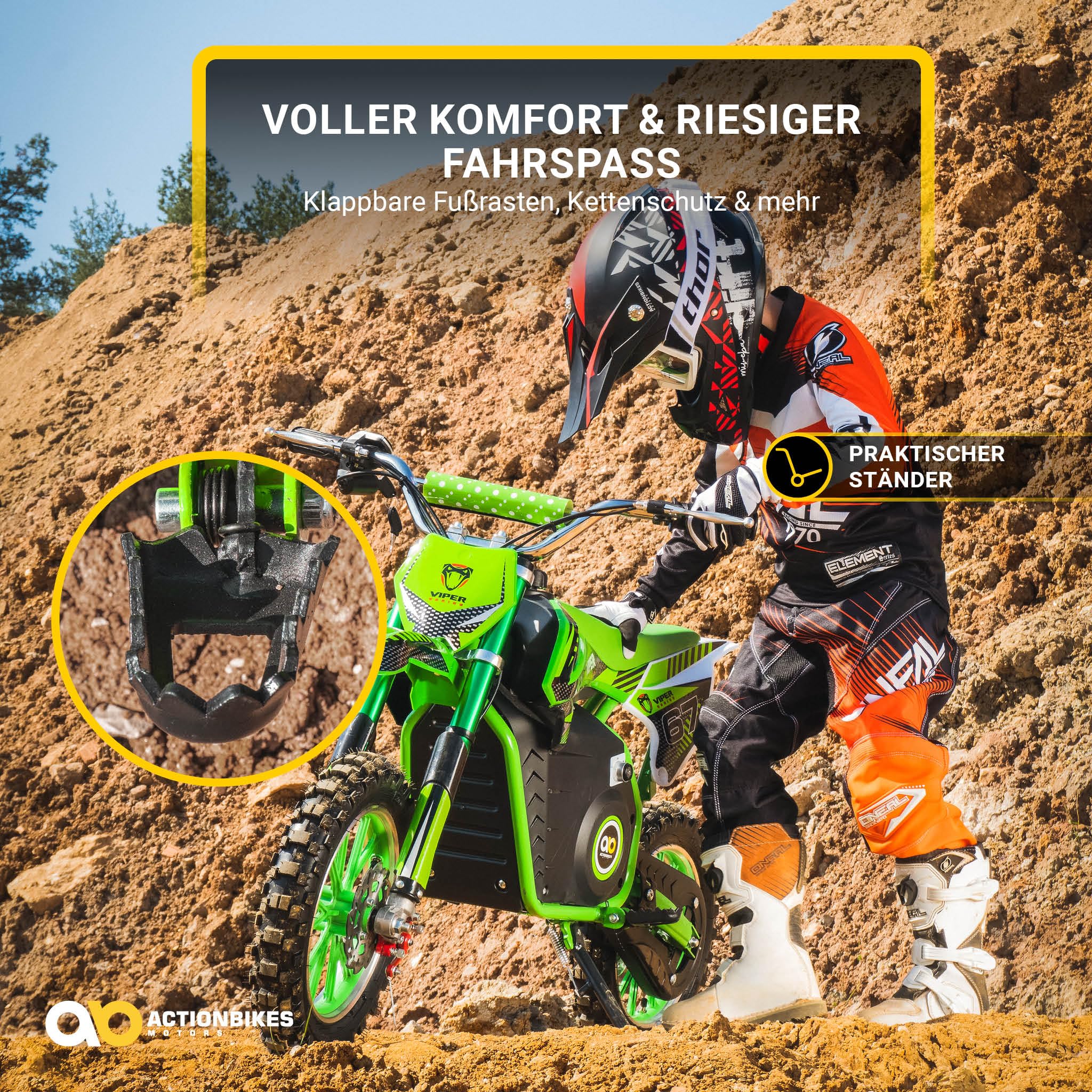 Actionbikes Motors Kinder Elektro Crossbike Viper | 𝟭𝟬𝟬𝟬 Watt Motor bis 𝟐𝟒 km/h - Motorrad - Pocket Bike - Dirt Bike - Pocketbike - Motorsport - Dirtbike - Cross - Enduro ab 8 Jahren (Grün)