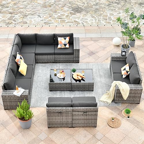 HOOOWOOO Outdoor Patio Sectional Furniture Sofa Set with Widened Armrest,12 Piece Large Modern Wicker Couch,Modular L Shaped Conversation Seating Set with Table for Out Door Garden Corner(Black)