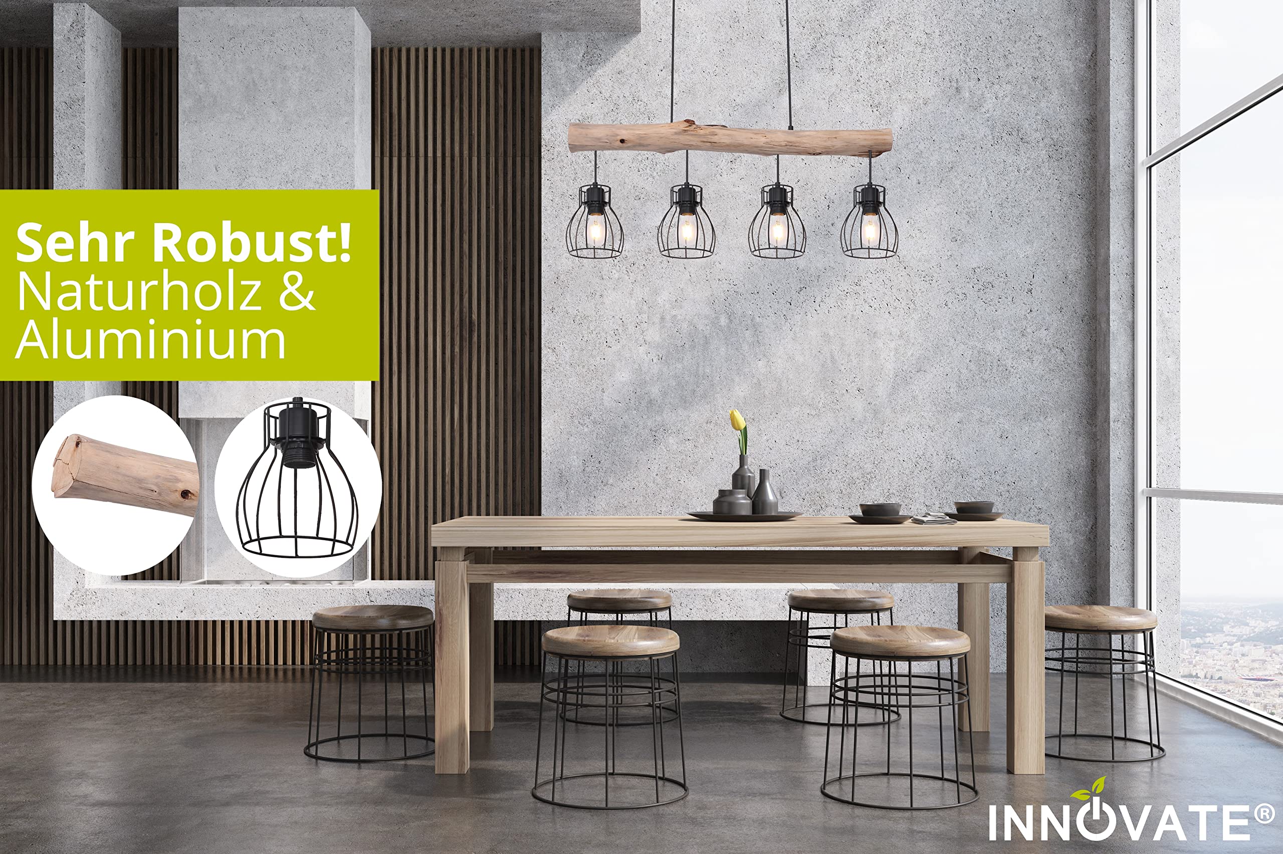 INNOVATE Pendelleuchte Holz 4 Gitterkörbe Rund – 80cm breite Hängelampe Vintage Holzbalken Rustikal – Aluminium Gitterkorb Pendellampe schwarz 4x E27 Fassung bis 40 Watt - Retro Hängeleuchte 140cm