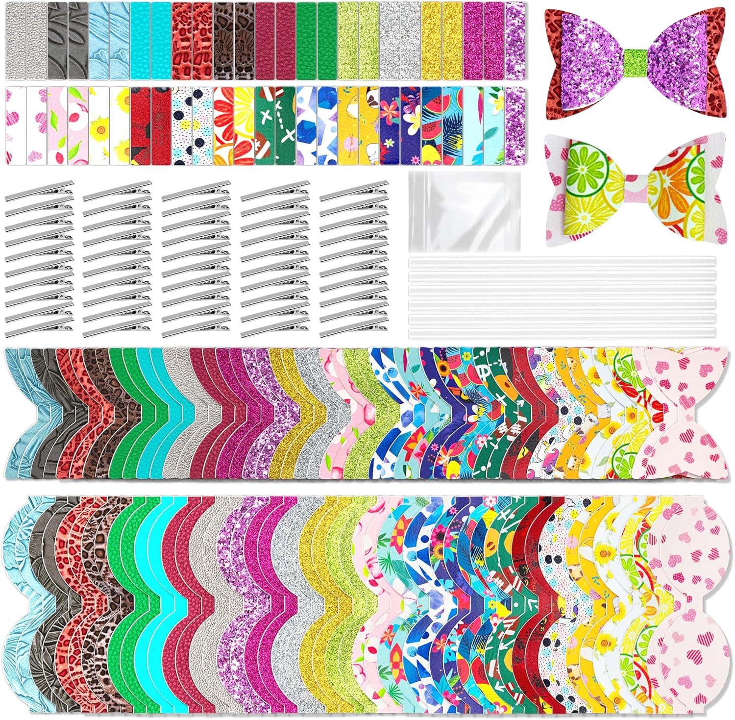 AOUXSEEM 50 Set 【Random Colors】 Bows DIY Making Kit for Beginners, Pre Cut Faux Leather Hairbows Contains Printed/Glitter/Embossed/Textured Fabric, with Alligator Clips for Women Girls Handmade Gift