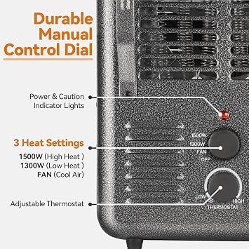 Shinic Space Heater,1500W Milkhouse Heater with Thermostat, Stay Cool Durable Metal Housing, Overheat protection, 3-Prong Plug, Tip-Over Auto Shut Off, Utility Heater for Garage, Bedroom, Greenhouse