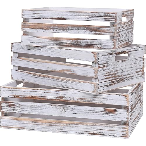 Large Size Wood Crates For Storage,Decorative Vintage White Wooden Crates For Display,Handmade Solid Wood Boxes,Set Of 3 Rustic White Wooden Crate. (vintage white)