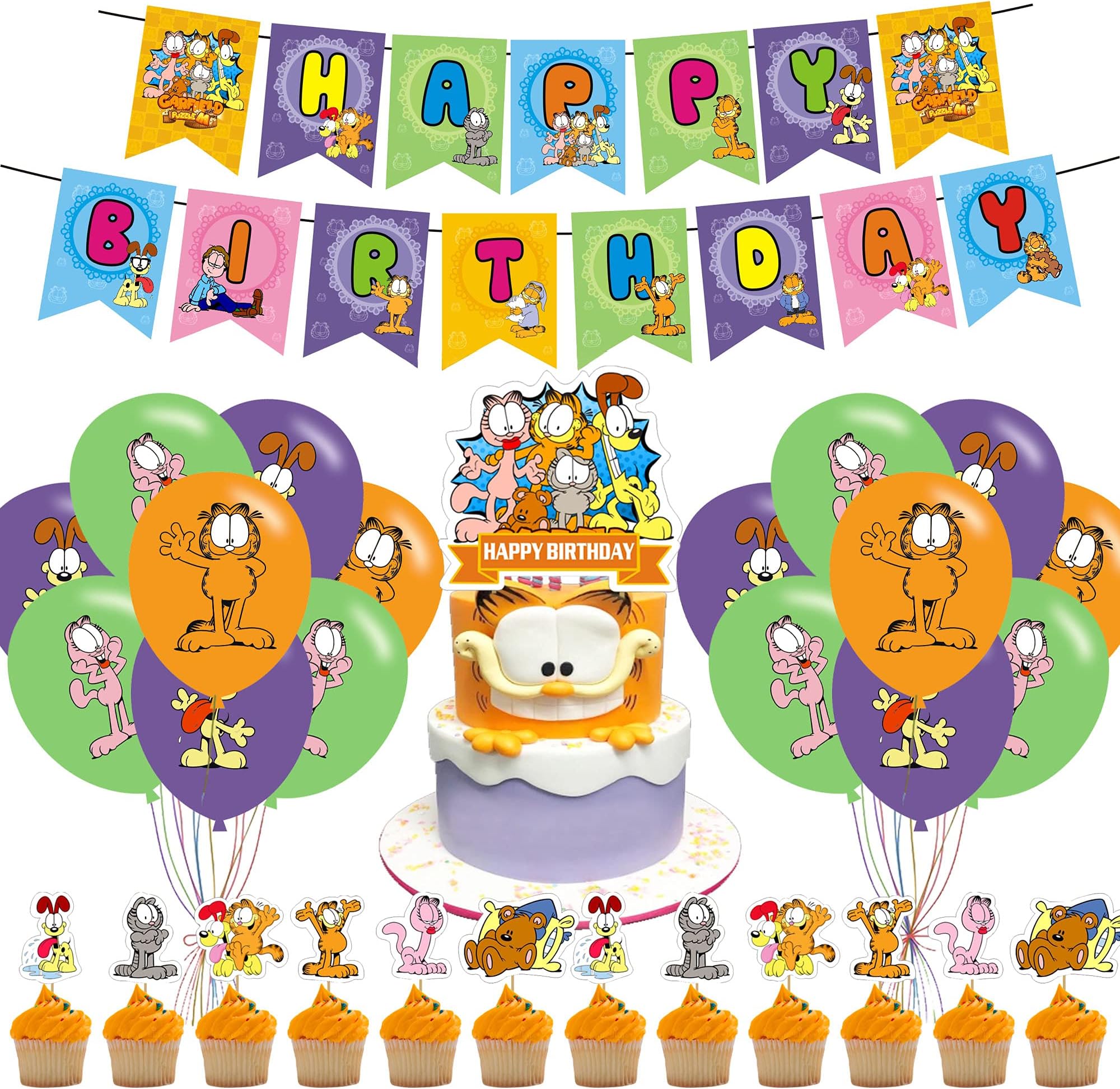 UINKI Garfield Birthday Party Decorations, Cartoon Lazy Cat Theme with Happy Birthday Banner, Cake Topper, Cupcake Toppers, Balloons in Orange, Purple, Pink, Green, Yellow