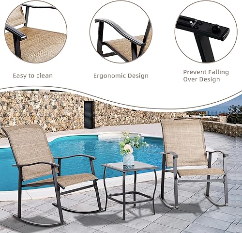 Miniatura 3 de Vongrasig 3 Piece Outdoor Rocking Bistro Set, Textilene Fabric Small Patio Furniture Set, Front Porch Rocker Chairs Conversation Set with Glass