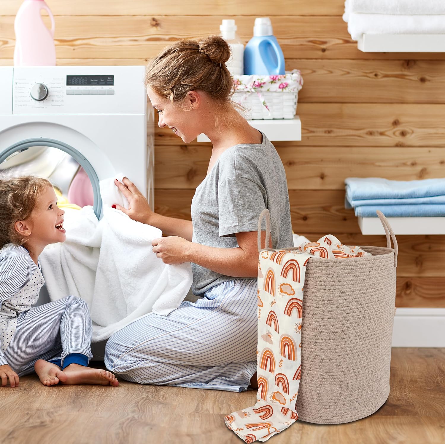 Cotton Rope Laundry Basket Hamper for Clothes Woven Storage Basket for Living Room Bedroom Boho Tall Rope Baskets for Blanket Toys Pillow Towels Baby Nursery Hamper Bin Konjac - Image 4