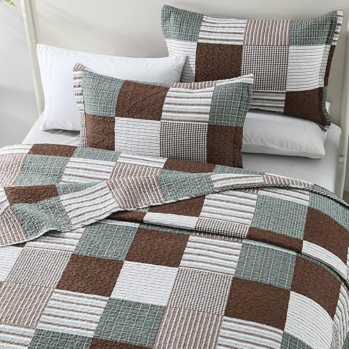 Vista 49 de KALOOLA Juego de edredón a cuadros tamaño Queen, 100% algodón, suave, ligero, juego de ropa de cama de 3 piezas, colcha acolchada de granja con 2
