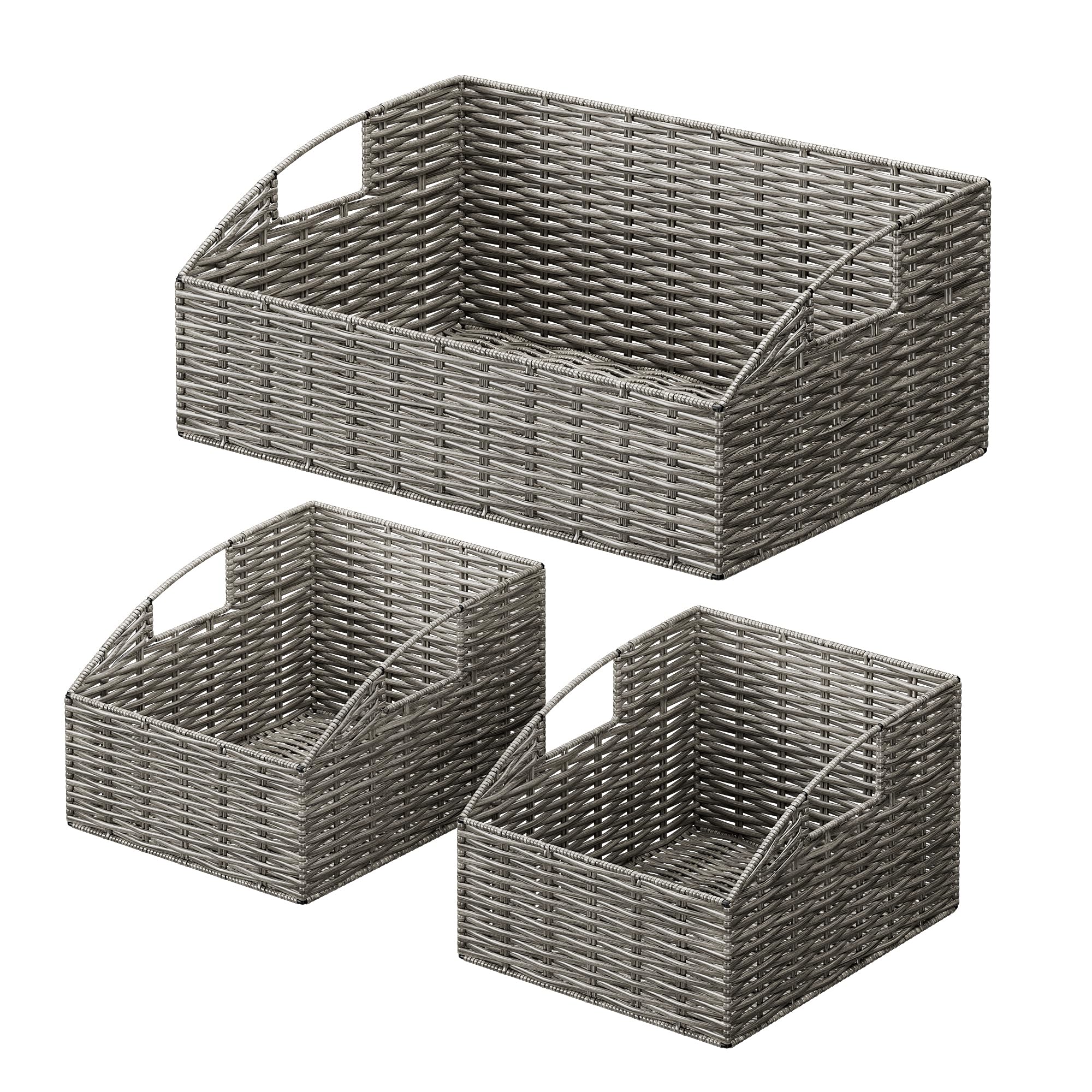 Ollieroo Rattan Storage Baskets, Handwoven Wicker Storage Bins with Built-in Handles, Storage Container Baskets for Shelves, Bedroom, Bathroom, Laundry Room or Kitchen(Grey)