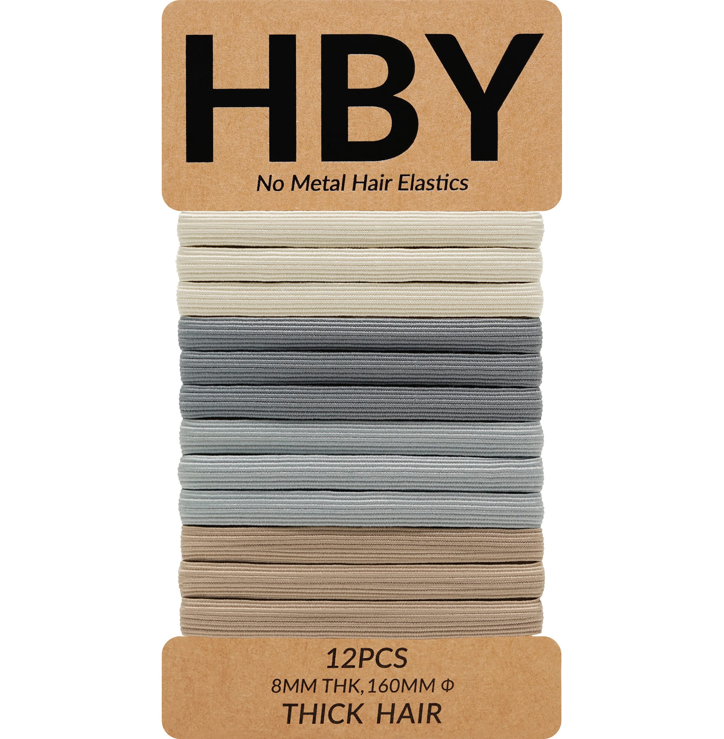 HBYWomen's Hair Ties for Thick or Curly Hair. No Slip Seamless Ponytail Holders Sports Thick Hair Ties, Room for Comfort, 8MM, 12 Pcs