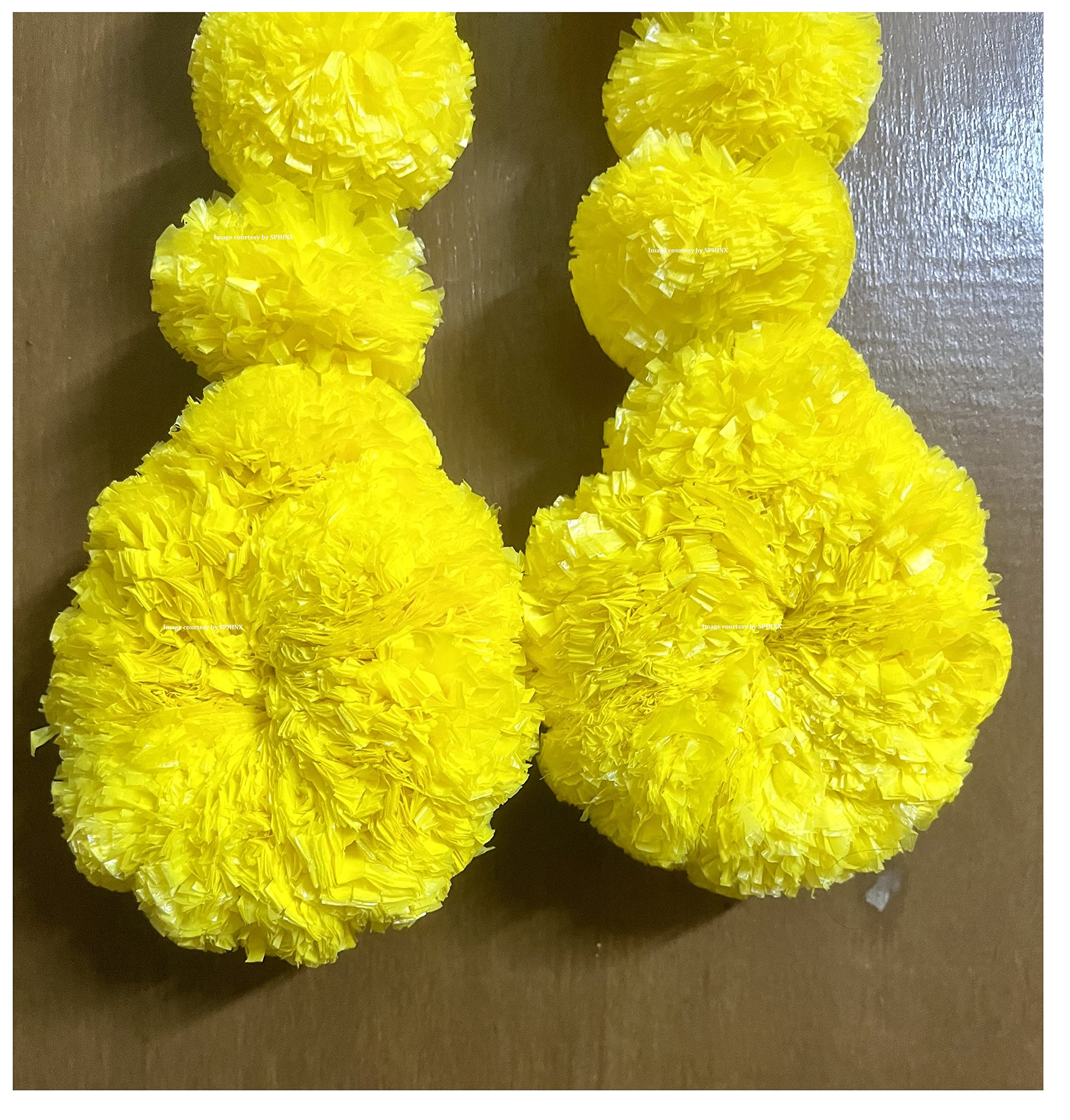 Sphinx artificial marigold fluffy flowers round bottom garlands/strings/latkans for festive pooja wedding housewarming decorations Approx. 1.75 ft - (Yellow, 4)