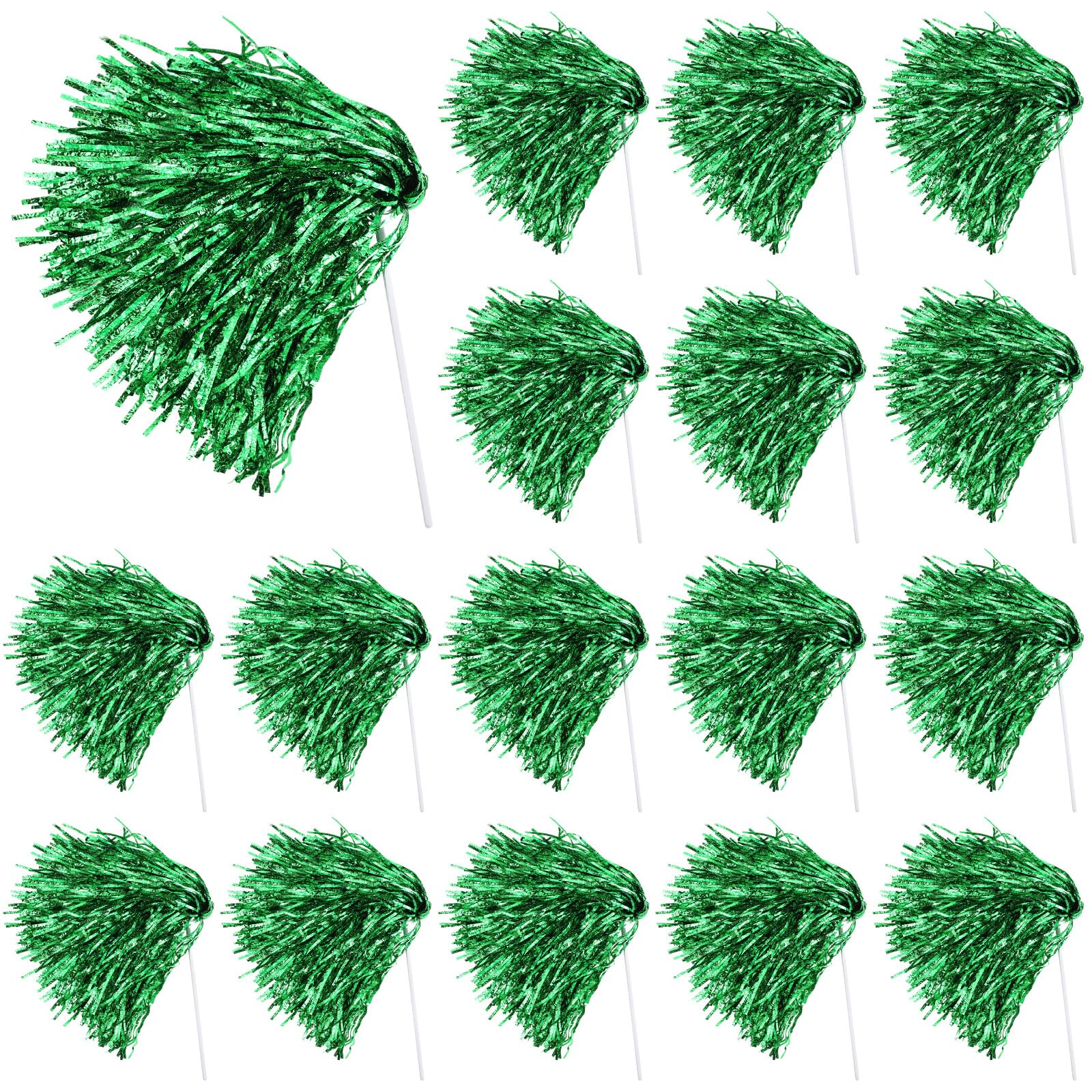 Vinsot 20 Pcs Green Cheerleading Pom Poms Bulk Metallic Foil Pom Poms with Plastic Long Handles School Spirit Shakers for Spirit Sports Team Squad