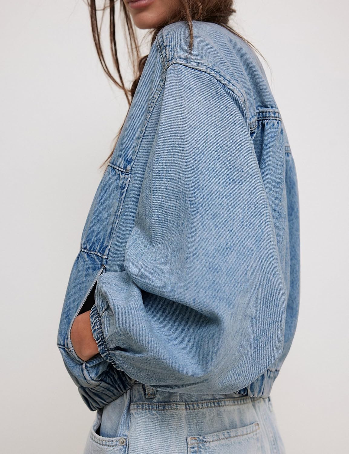 Lumister Womens Cropped Jean Jacket Oversized Zipped Long Sleeves Demin Jacket - Image 3