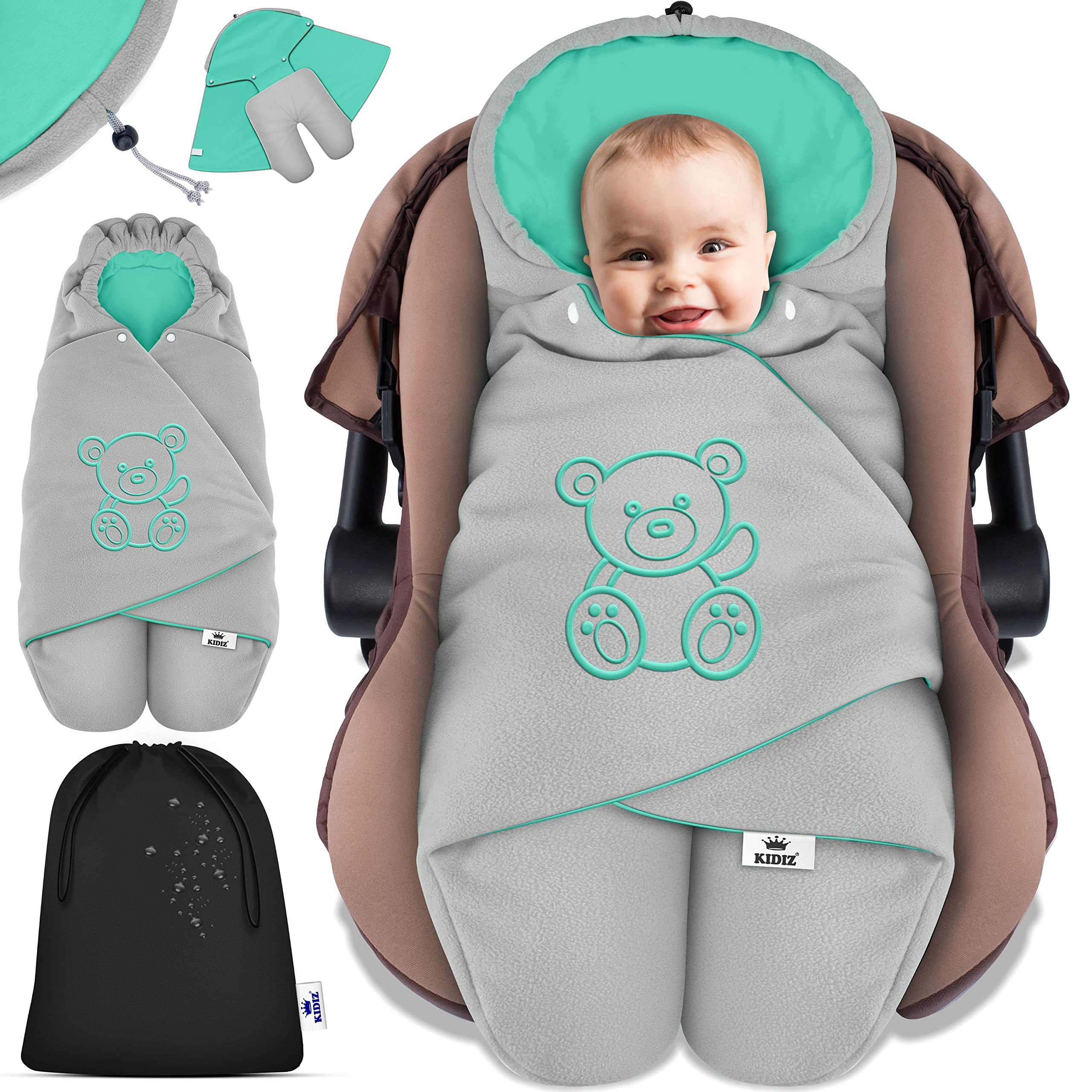 KIDIZ® Coperta invernale con cappuccio + borsa universale per ovetto, seggiolino auto, ad esempio per Maxi-Cosi, Römer per passeggino, passeggino e tutti i sistemi di cinture a 3 e 5 punti