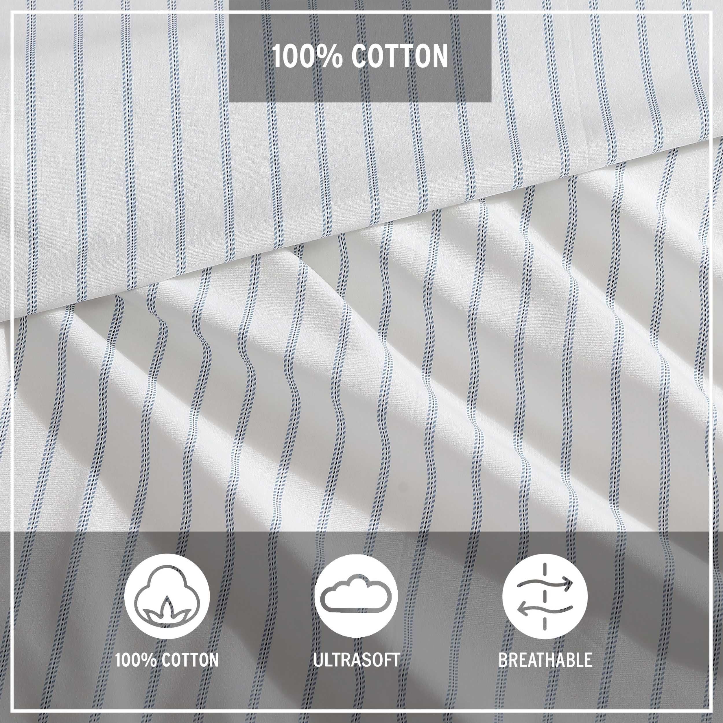 Eddie Bauer Set Di Lenzuola In Percalle Di Cotone 100% - Completo Arden Stripe Grigio Con Federe - Fresco, Traspirante E Comodo