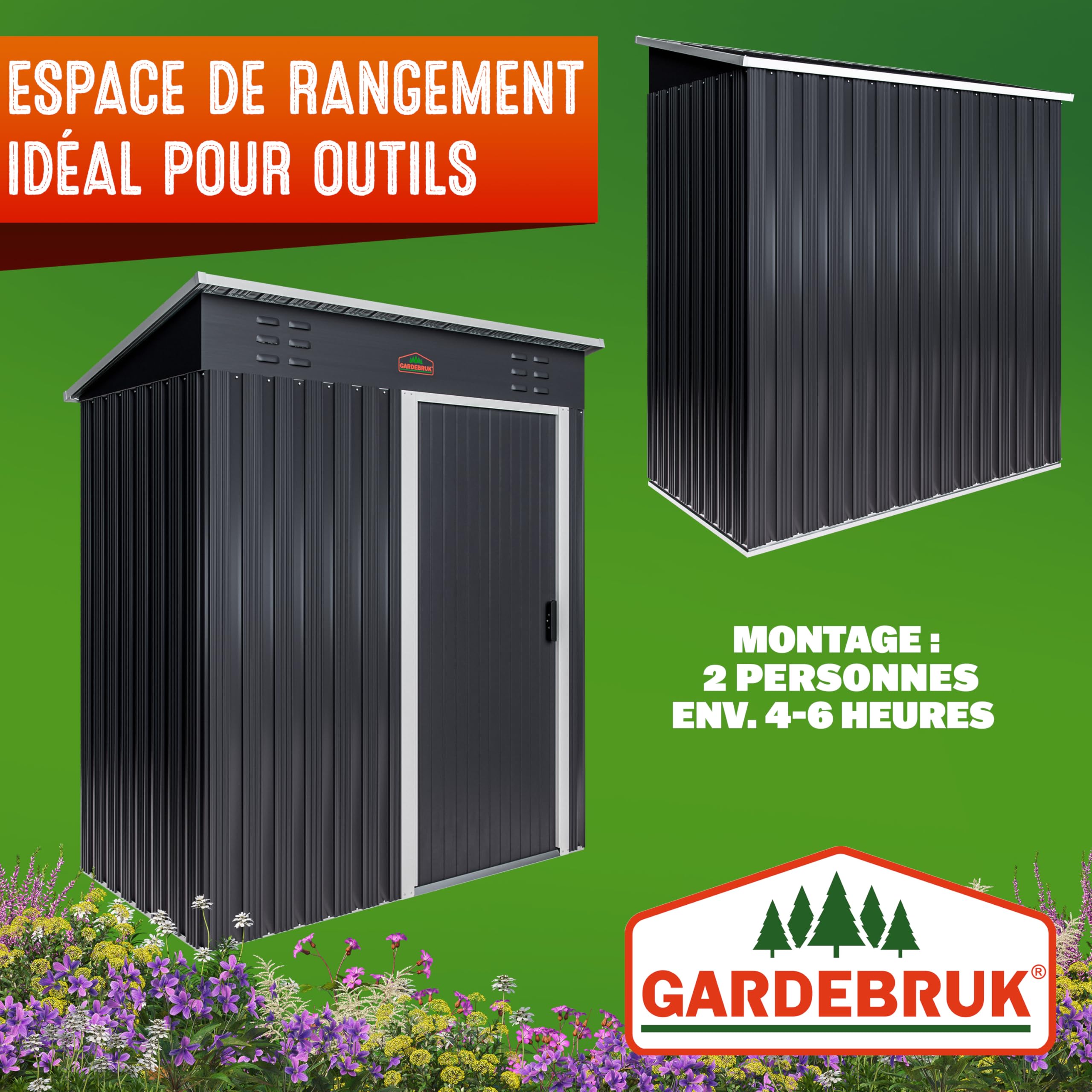 GARDEBRUK® Abri de Jardin métal Inoxydable 185x165x90cm 1,5m² Crochets 20kg Gants Porte coulissante Anthracite cabane Jardin cabanon Rangement Outils