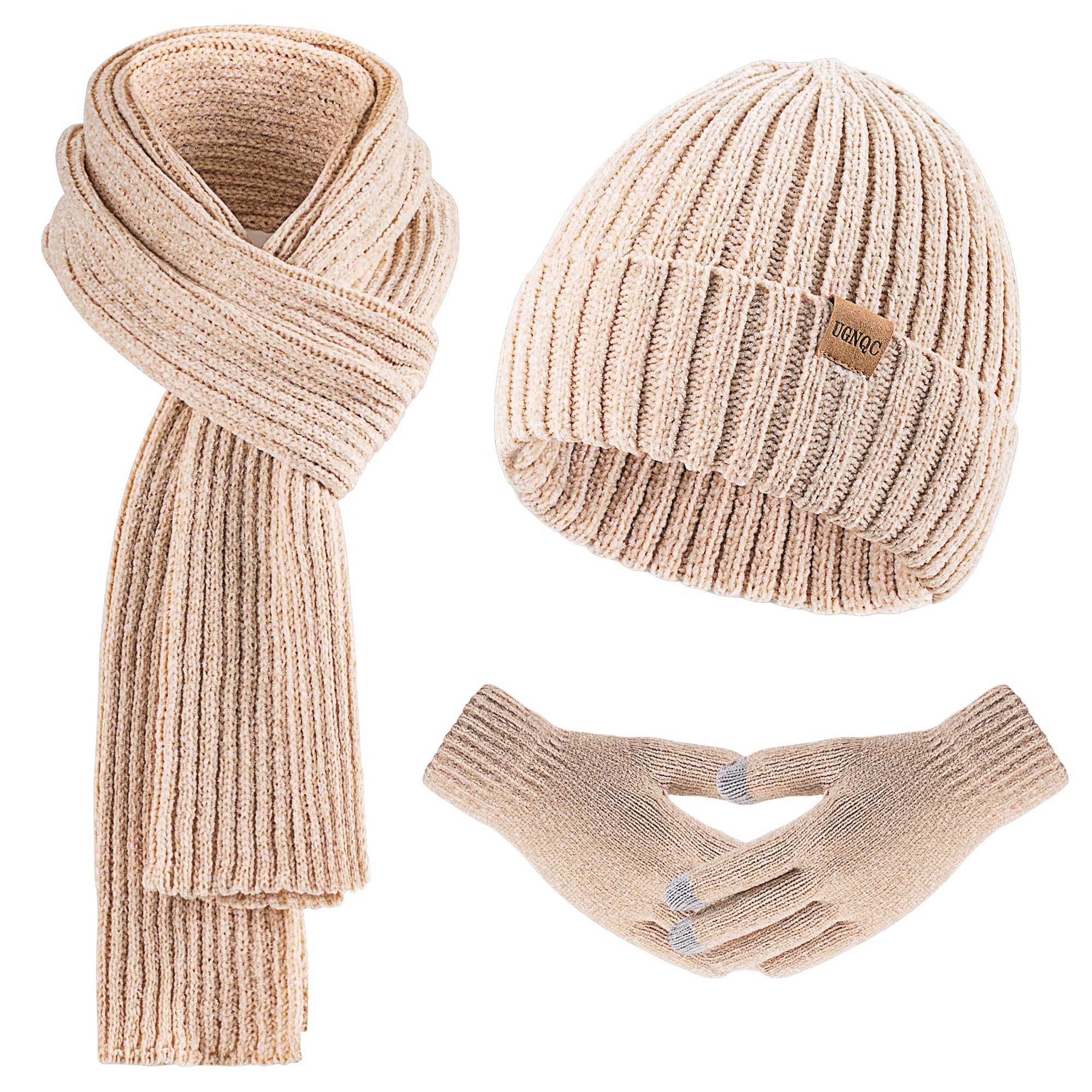 Beanie Hat for Womens Scarf Gloves Set, Fleece Lined Long Knit Scarf Touchscreen Gloves Winter Cap for Cold Weather-image-9