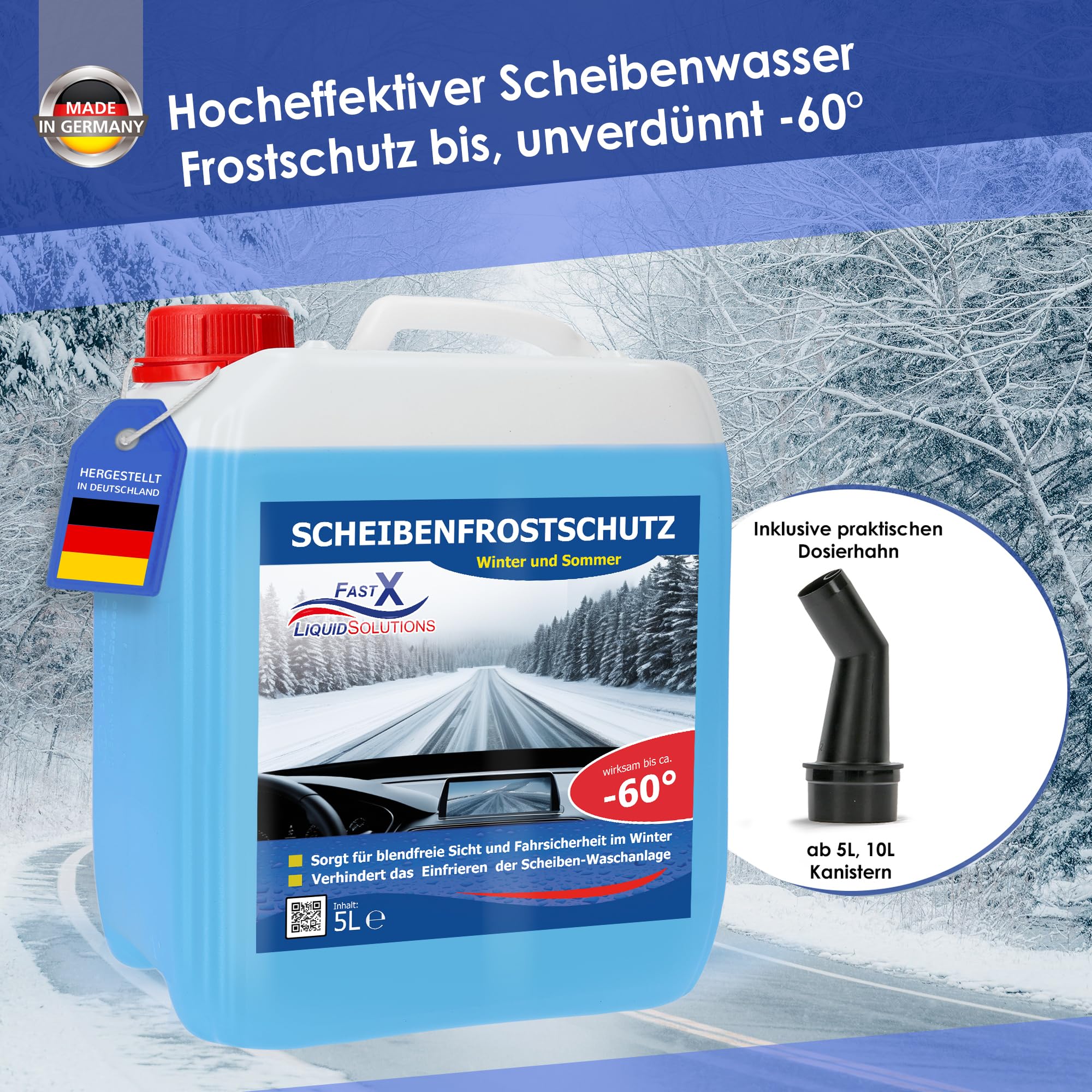 FAST X Scheibenfrostschutz/Scheibenwischwasser für Auto/LKW– 5 Liter Kanister– Winter und Sommer – Schutz bis -60°C (4x5 Liter)