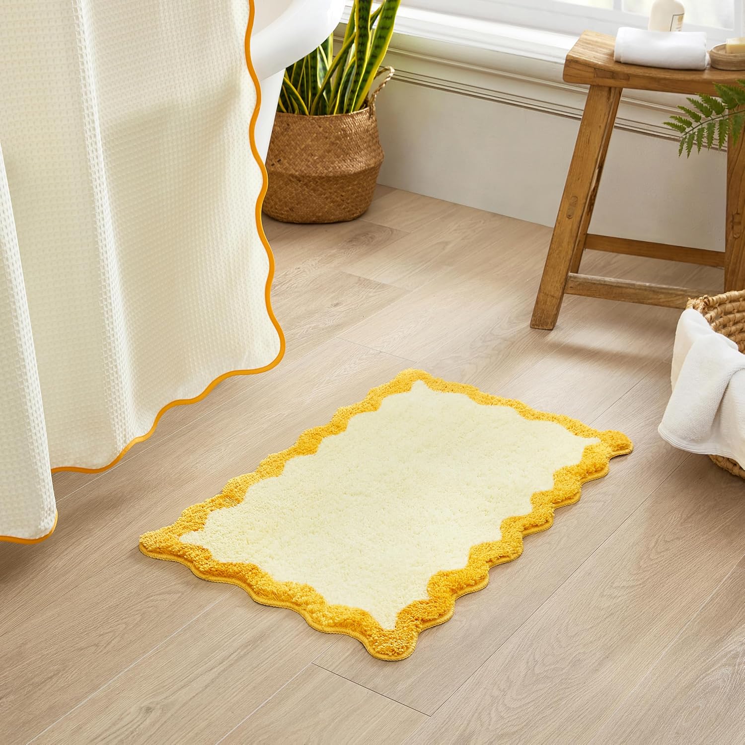 MONDAY MOOSE Bath Mat with Scalloped Wavy Ripple Design, Microfiber Absorbent Non Slip Tufted Rug for Floor, Shower or Kitchen (20x32 inch, Yellow)
