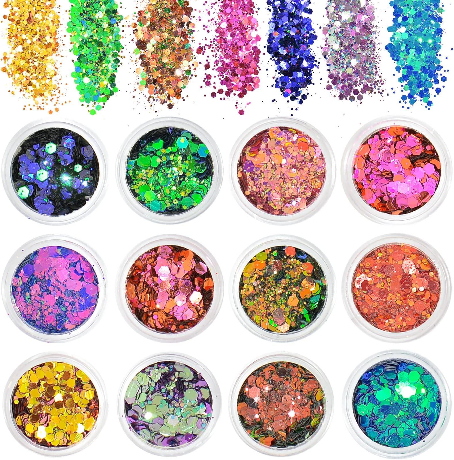 AOOWU Glitter, 12 Colours Festival Glitter Face, Halloween Make-Up, Body Glitter Accessories for Nails, Eyes, Lips, Hair, Body