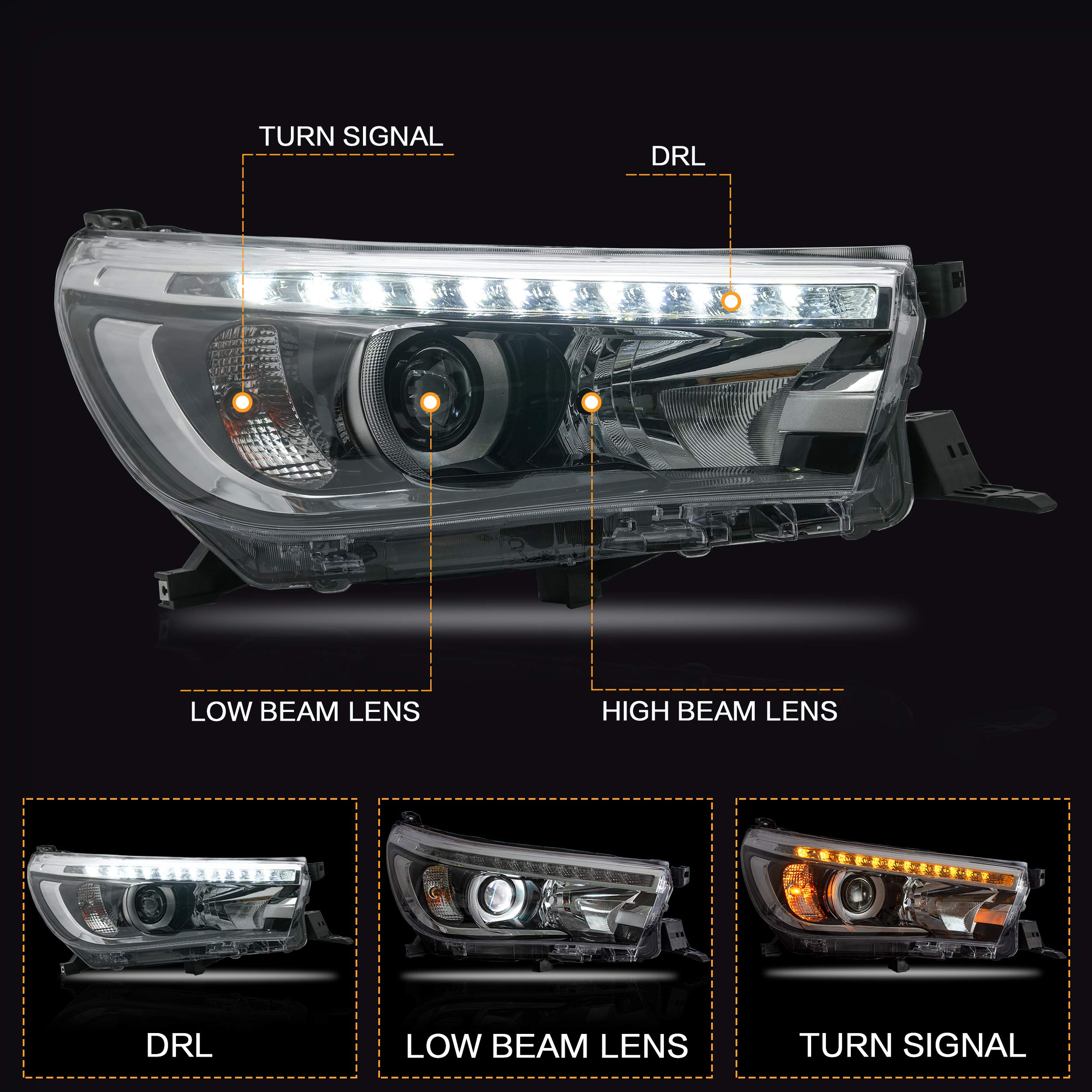 VLAND Headlight Assembly Fit for Toyota Hilux 2015 2016 2017 2018 2019