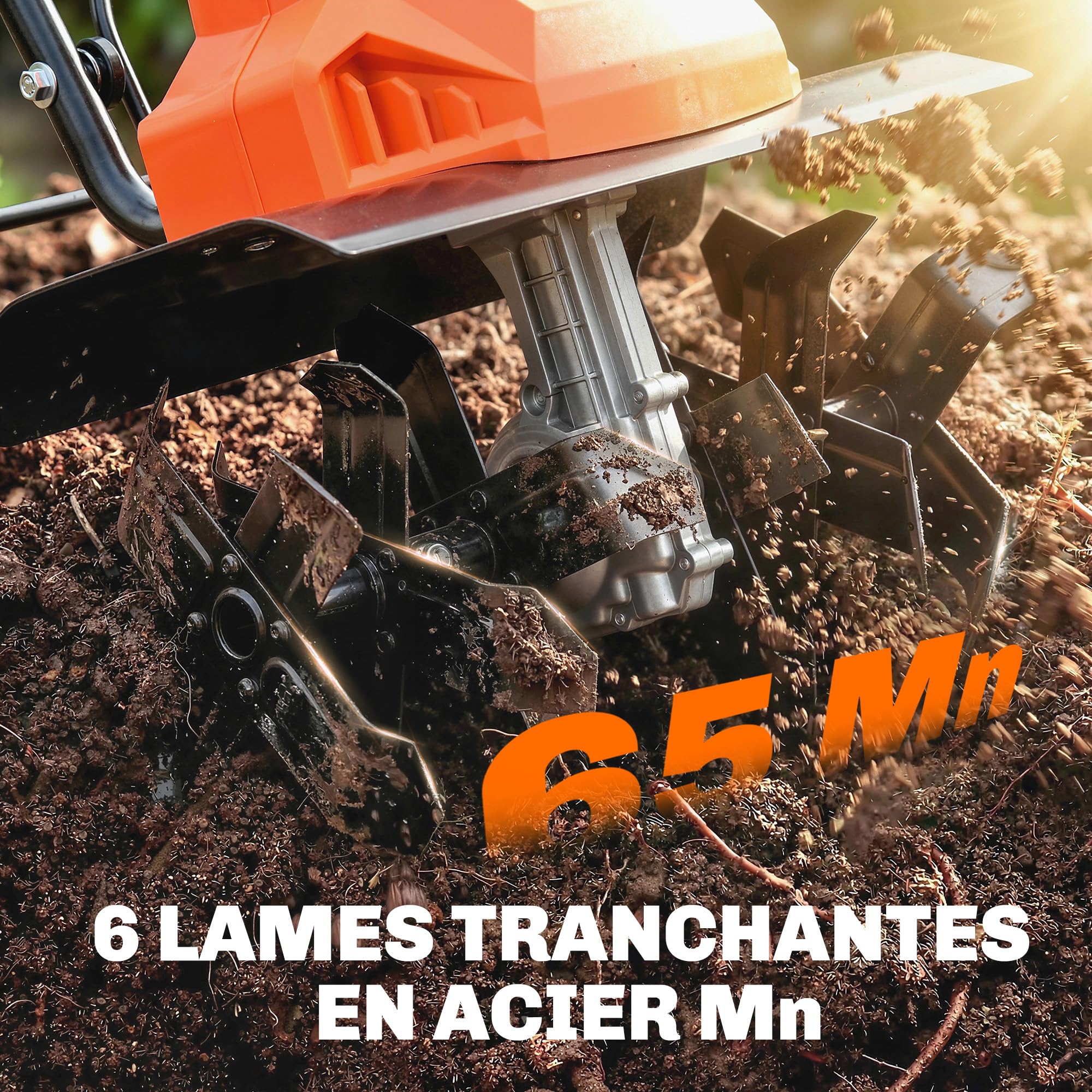 Outsunny Motobinadora eléctrica de 1500 W de jardín manejable – 6 cuchillas 65 Mn ancho 40 cm profundidad 20 cm – Motocultor plegable e impermeable IPX4 para huerto y cultivo orgánico, naranja