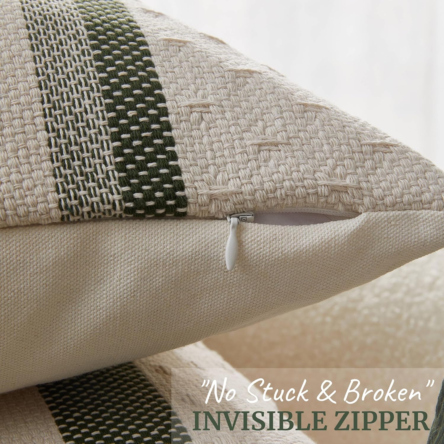 Boho Throw Pillow Covers with Tassels Woven Set of 2, 18x18 Inch Striped Textured Couch Throw Pillows for Couch Bed Sofa Bedroom Modern Funky (Sage Green, 18"x18"(Pack of 2))