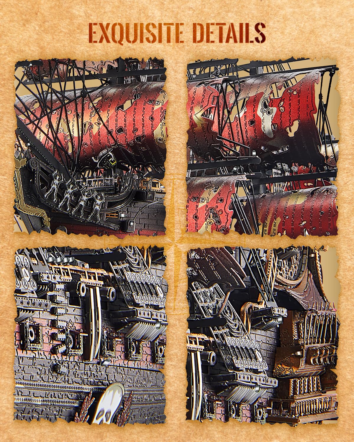 Piececool 3D Puzzle Metall Piratenschiff Queen Anne's Revenge, Modellbausatz für Erwachsene, 439 Teile, Edelstahl, Segelboot