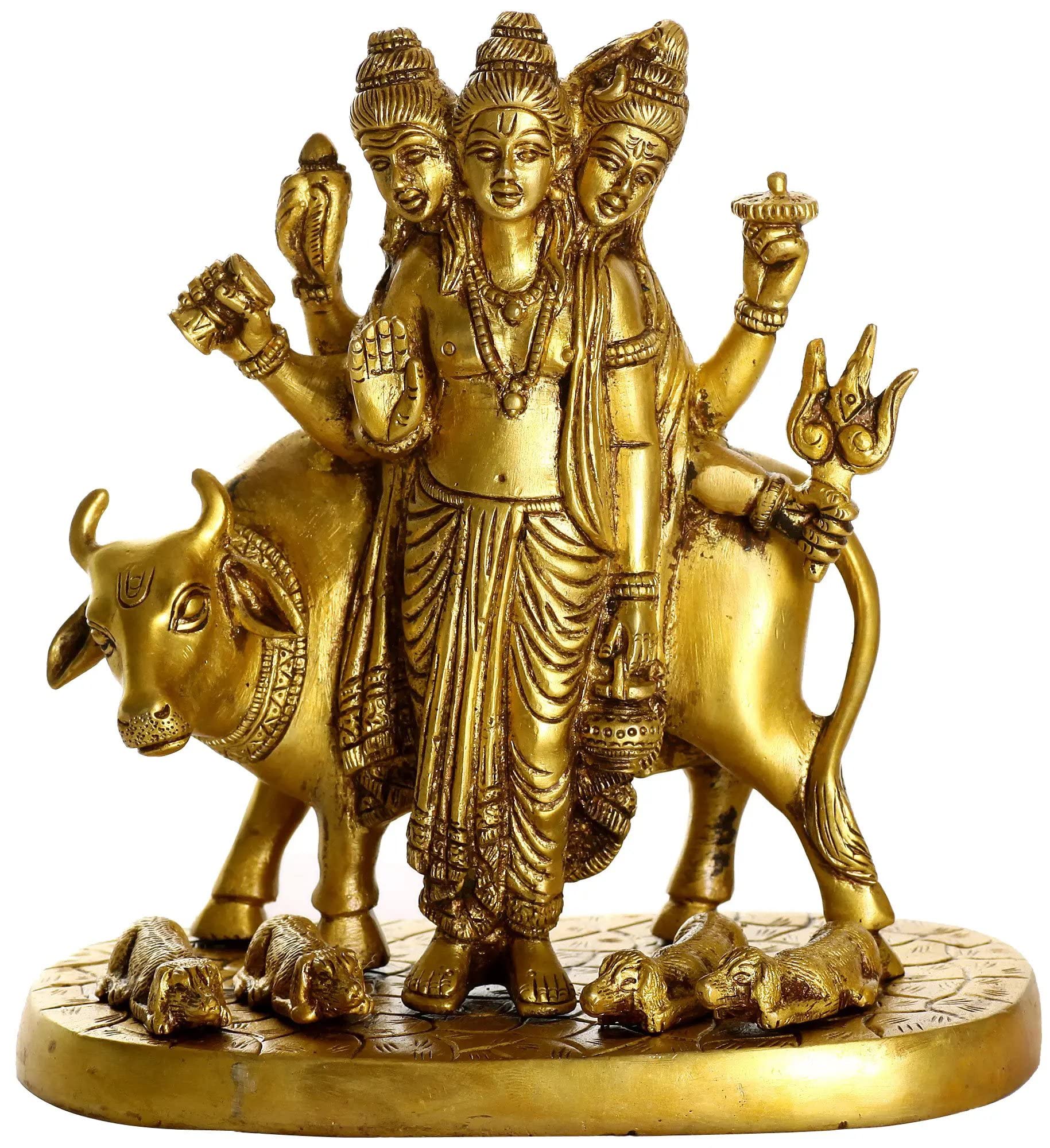 Dattatreya Brass Statue Hindu Trimurti Brahma Vishnu Mahesh Figurine Idol Dattatreya with Auspicious Cow : Lord Shiva Tridev for Home Temple Office Table Shop CounterHeight- 6 Inch