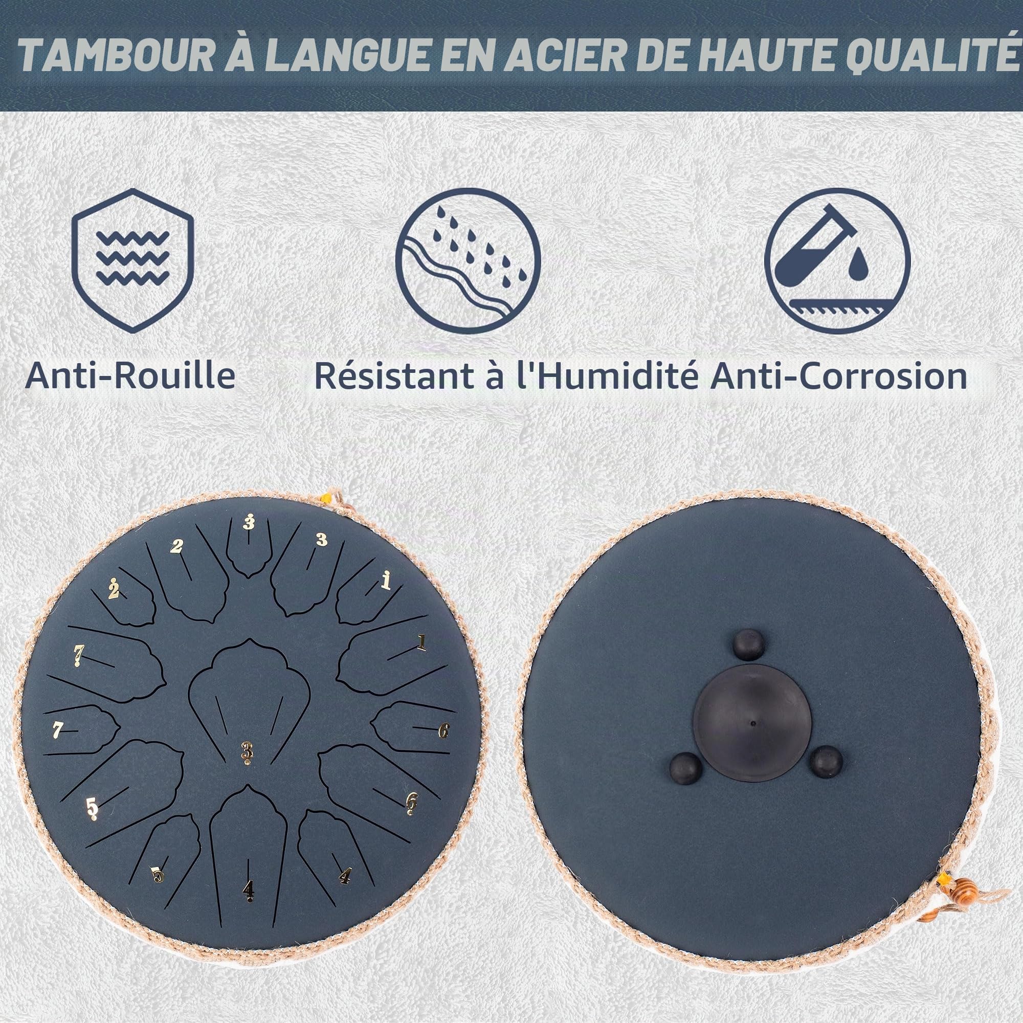 Handpan, Steel Drum, Hand Pan Drum, Bleu Marine | Steel Tongue Drum 15 Notes 12 Pouces 30cm C Majeur, Tambour à Langue en Acier Méditation et Yoga, Rain Drum Tambour a Pluie