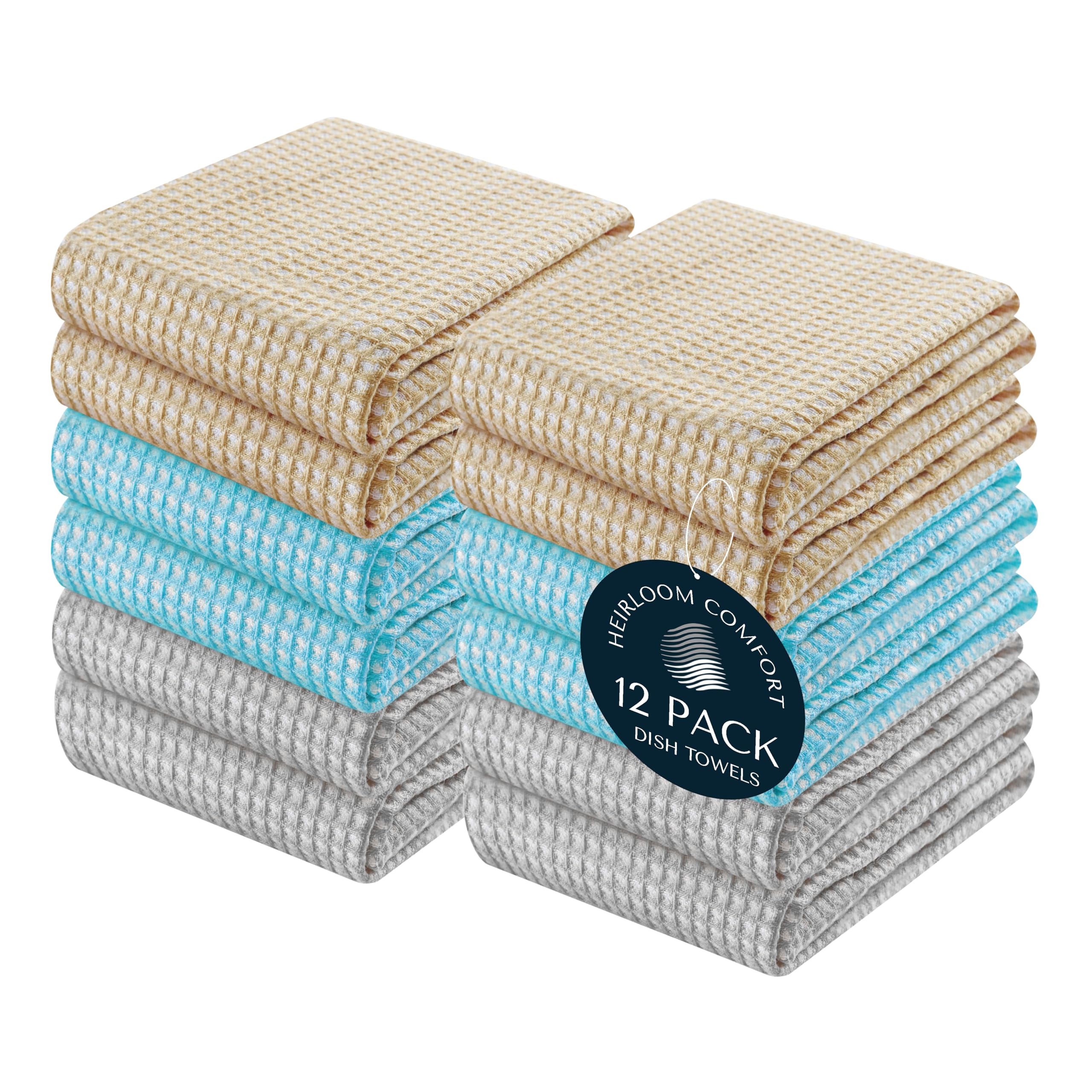 HEIRLOOM COMFORT 12 Pack 100% Cotton Multi Dual Waffle Weave Kitchen Towels, 40x66 cm, Super Absorbent, Quick Dry Towel Set, Soft Hand Towels for Cleaning, Durable - Beige, Turquiose Blue, Grey