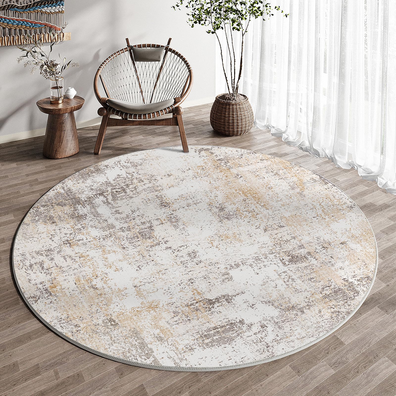 HUGEAR Washable Round Rugs 180cm Living Room Rug Beige Grey Non Slip Abstract Natural Neutral Modern Large Carpet Bedroom Kitchen Hall Lounge Bedside Low Pile Carpets