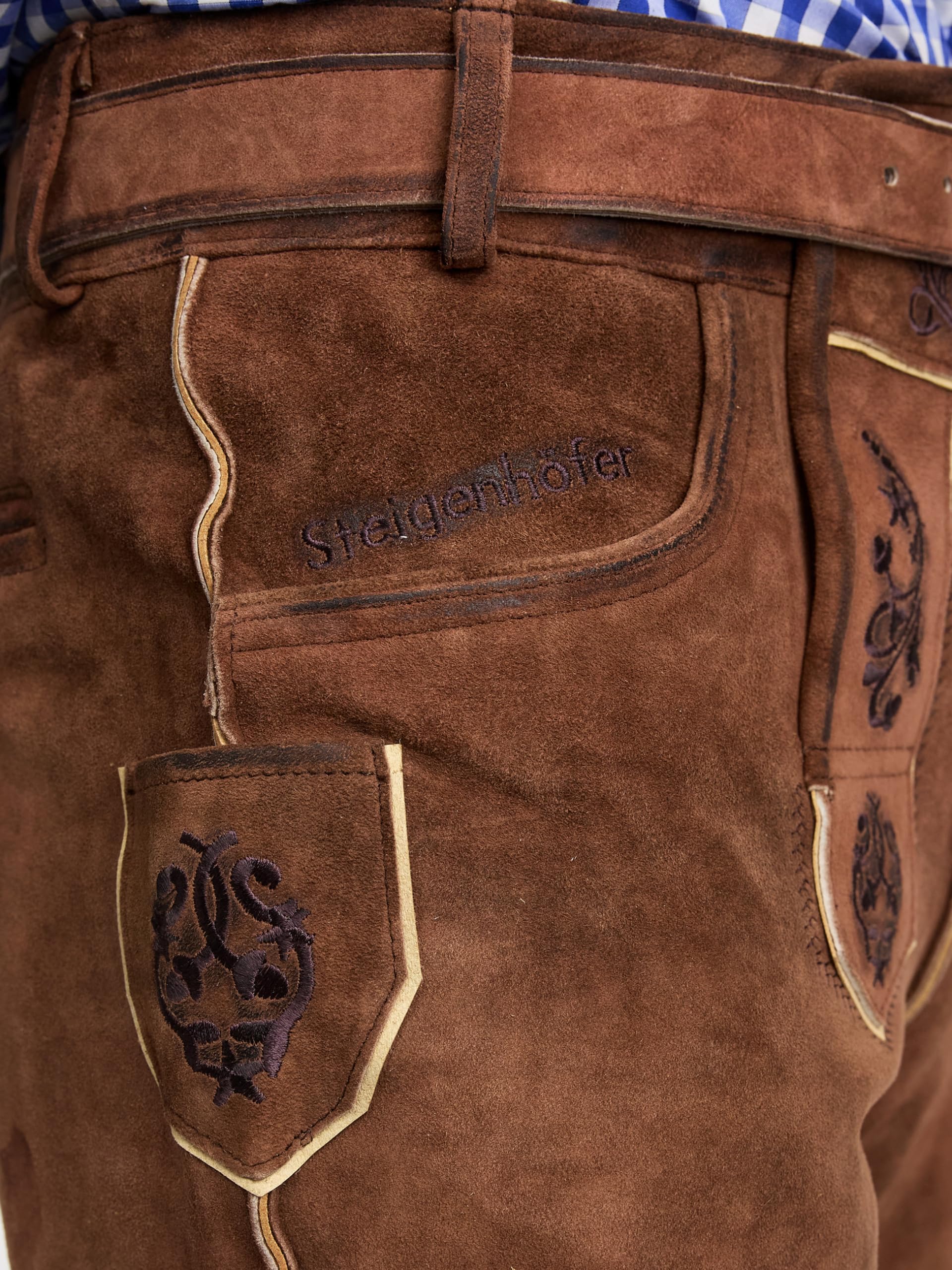 STEIGENHÖFER Vintage Trachten Lederhose für Herren im Antik-Look mit passendem Gürtel, echtes Premium Ziegenleder, Gr. 46-62
