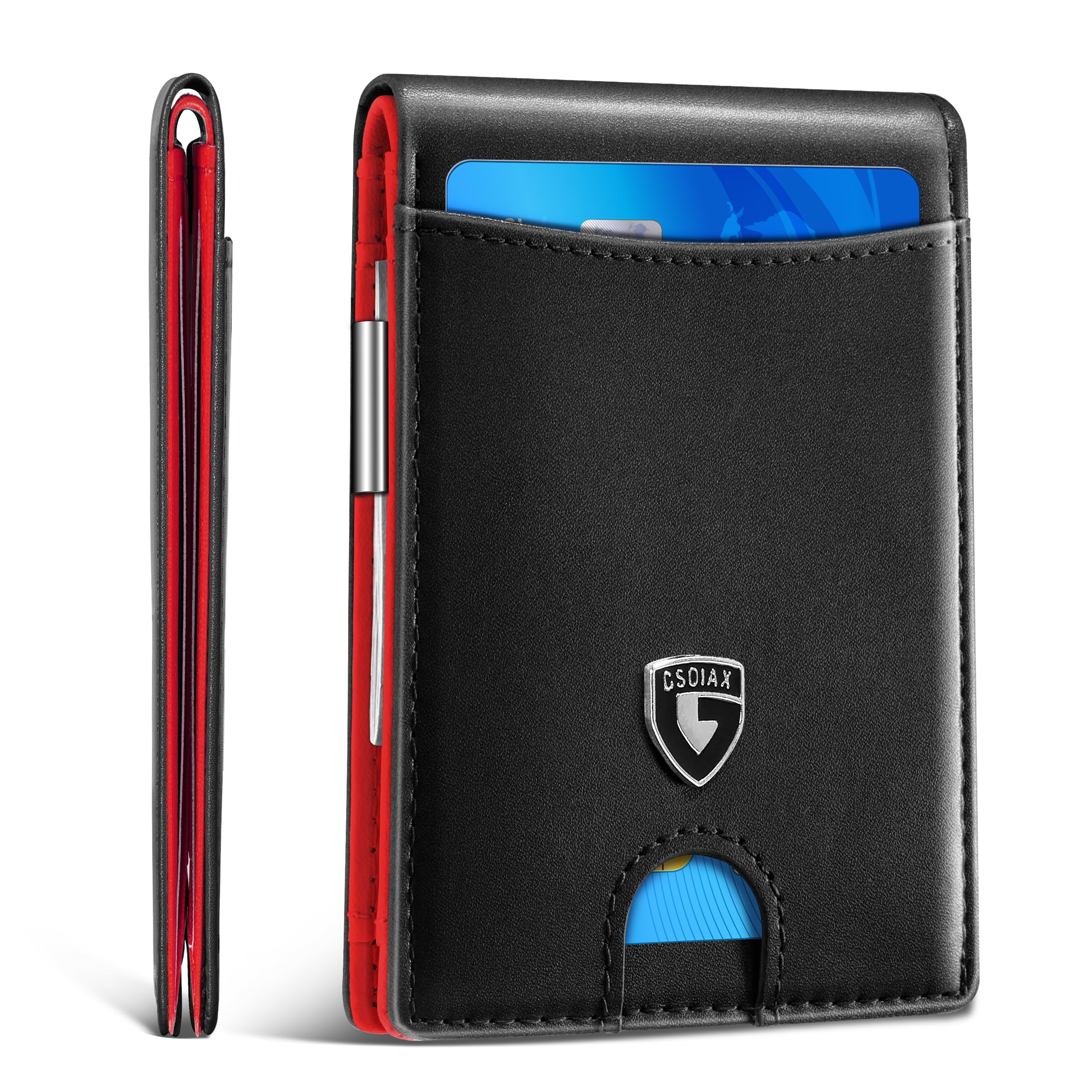 GSOIAX Slim Wallet for Men with Money Clip, Minimalist Leather RFID Blocking Bifold Small Thin Front Pocket Carbon Fiber Men's Wallet,11 Credit Card Slots Holder with Gift Box, Red