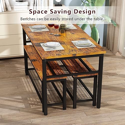 Miniatura 4 de AWQM Juego de mesa de comedor de 43.3 pulgadas para 4, mesa de comedor de cocina con 2 bancos, juego de mesa de comedor con marco de metal y estante