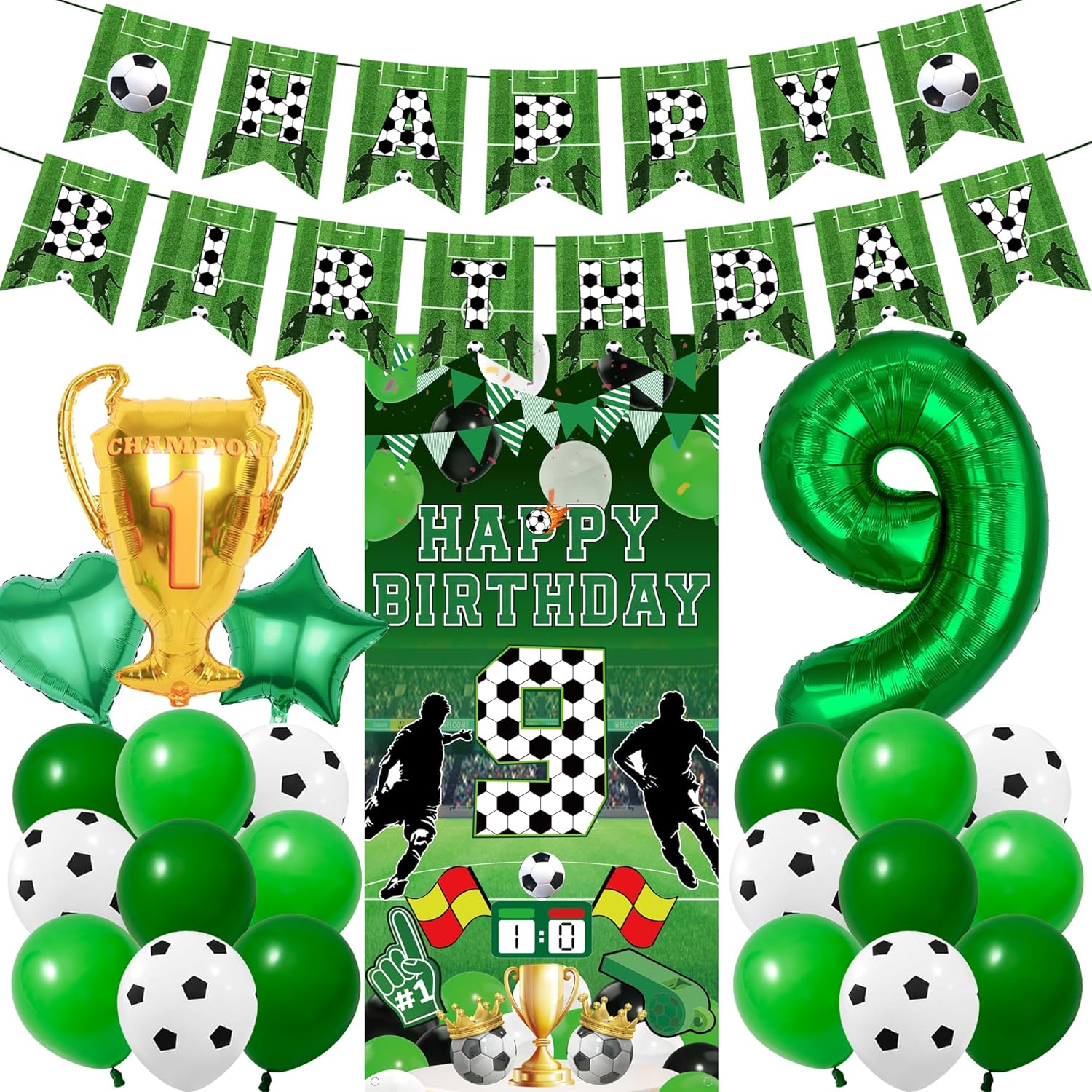 9th Birthday Soccer Party Decorations - 25 Pcs Green Football Theme Banners Backdrop Trophy Number 9 Star Heart Foil Balloons for Boys 9 Years Old Soccer Sports Lover Happy Birthday Decor Supplies