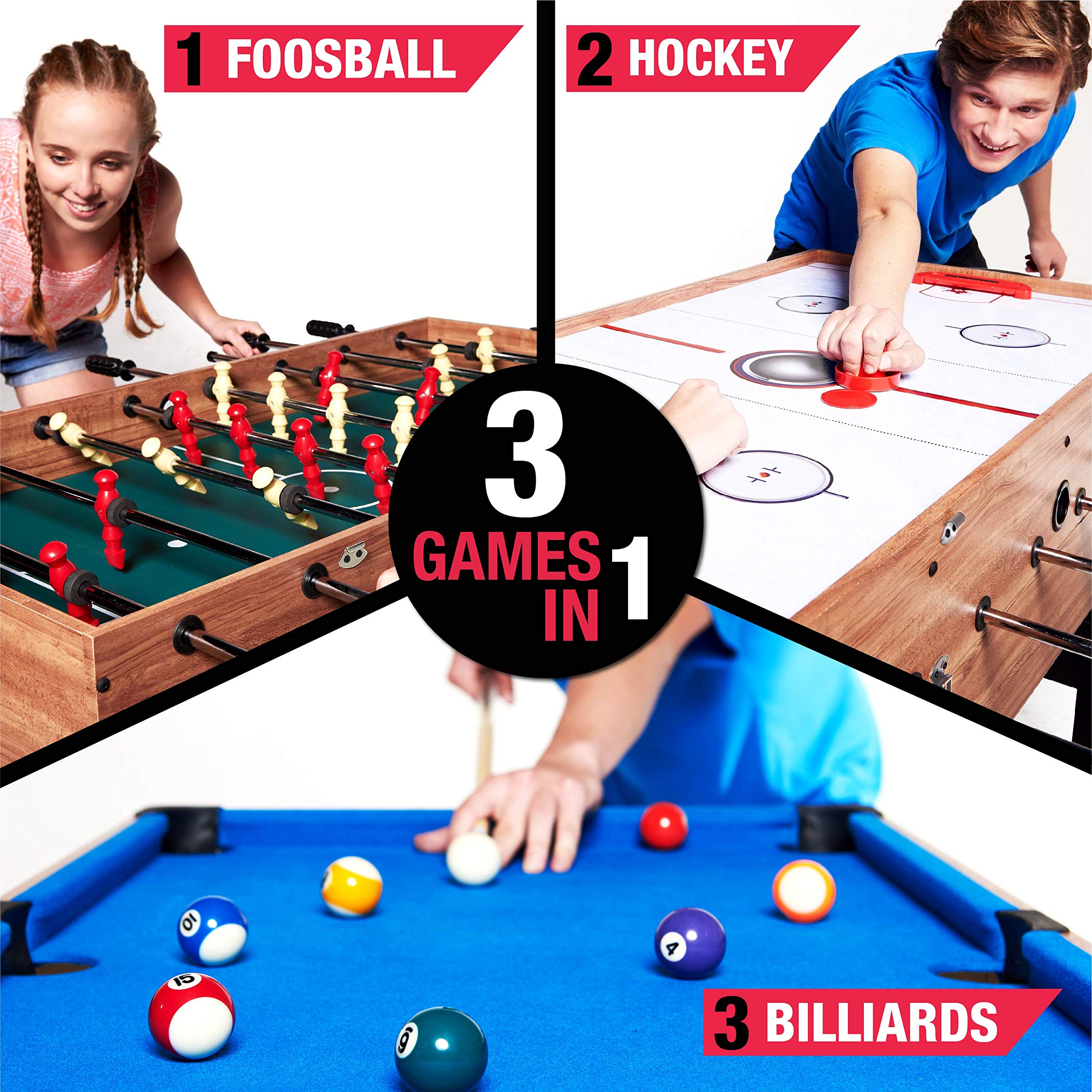 Quick Assembly and Play 48 Inch 3-in-1 Combo Game Table, 3 Games with Billiards, Hockey and Foosball, Accessories Included