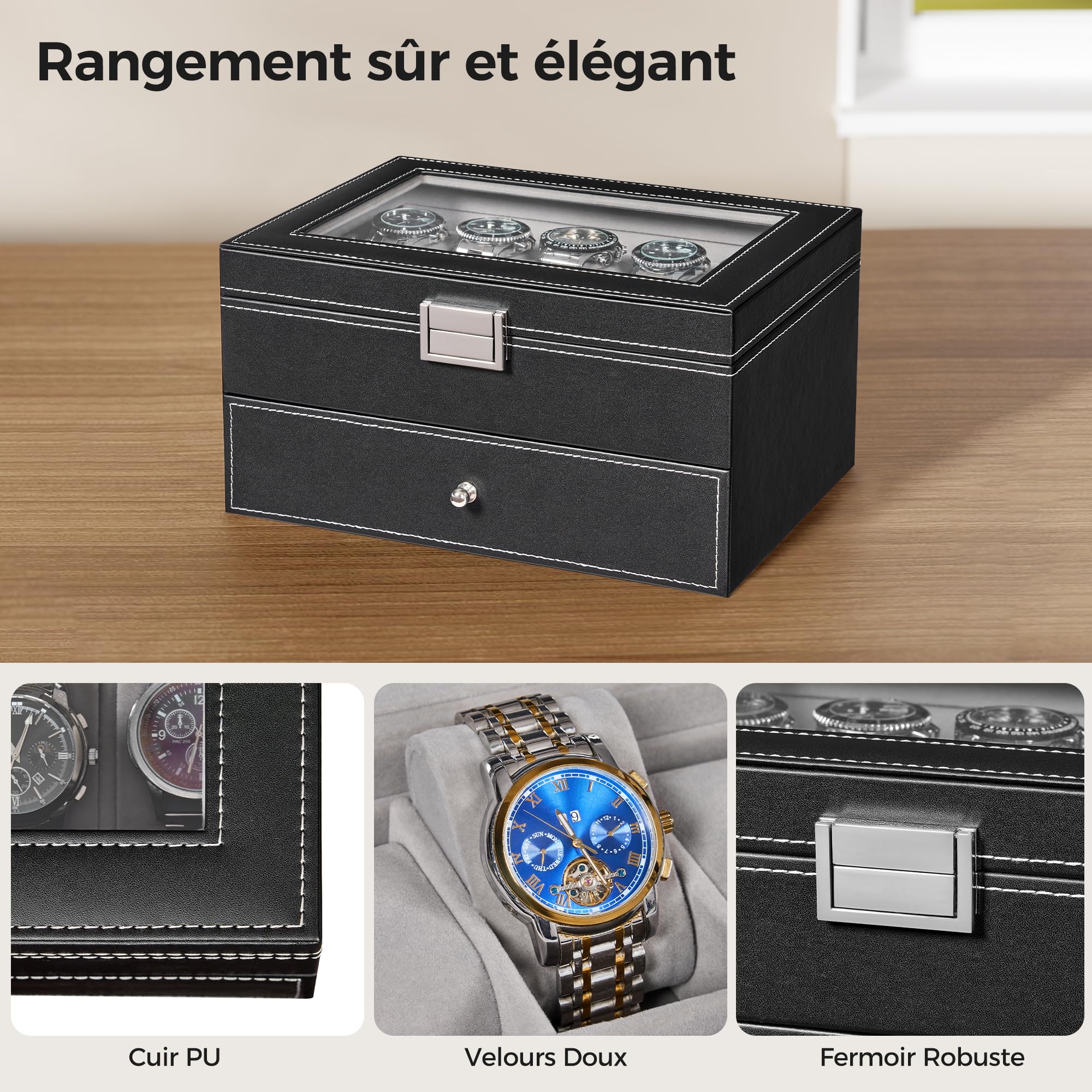 BEWISHOME Boîte de Montre 20 Compartiments, Boite Rangement Montre Homme, Charnière en Métal Noir Cuir PU Verre Haut Grand Support SSH04B