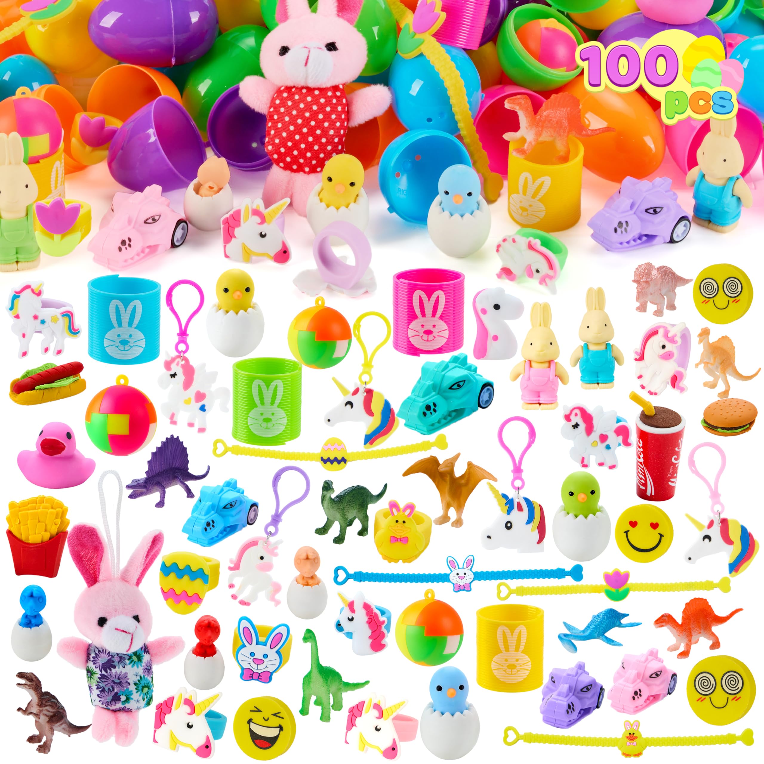 JOYIN 100 Pcs Prefilled Easter Eggs with Toys Plus Stickers, Filled with Toys Party Favors for Kids Boys Girls Easter Eggs Hunt, Basket Stuffers Fillers, Classroom Prize Supplies