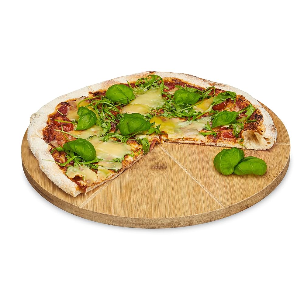 Tagliere Per Pizza In Bambù | Diametro 33 Cm | Con 6 Scomparti Per Fette | Legno Naturale