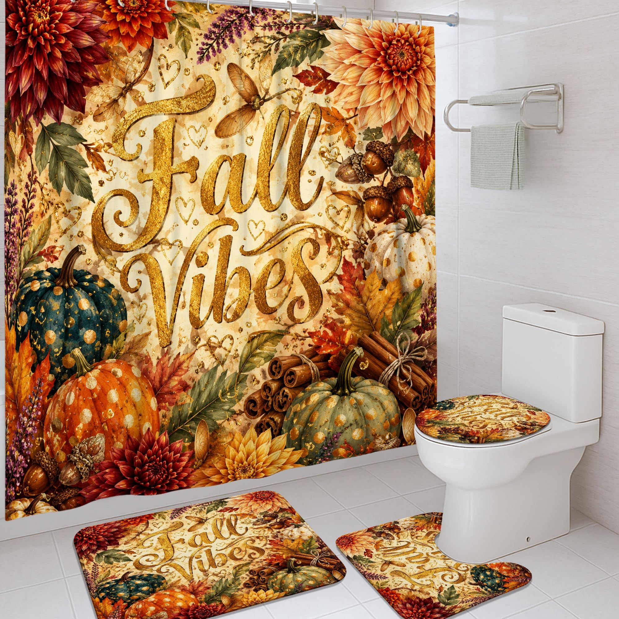 Ensemble rideau de douche et tapis de bain au design textile raffiné d'automne