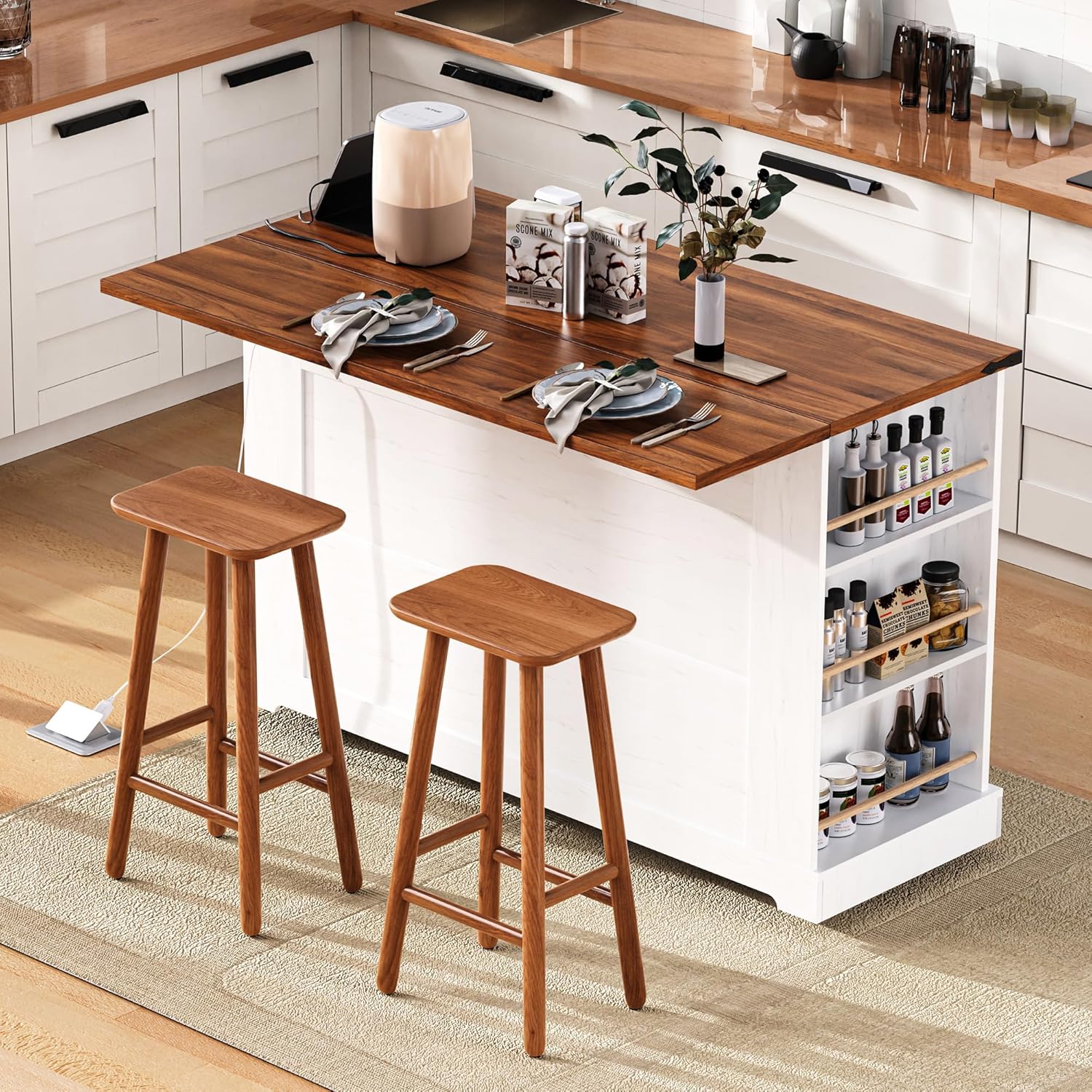 Merax 53'' Farmhouse Kitchen Island with 2 Tempered Glass Cabinet Doors, Power Outlet, 3 Drawers, Rolling Kitchen Storage Cart on Wheels with Drop Leaf, 5 Open Racks for Dining Room, White