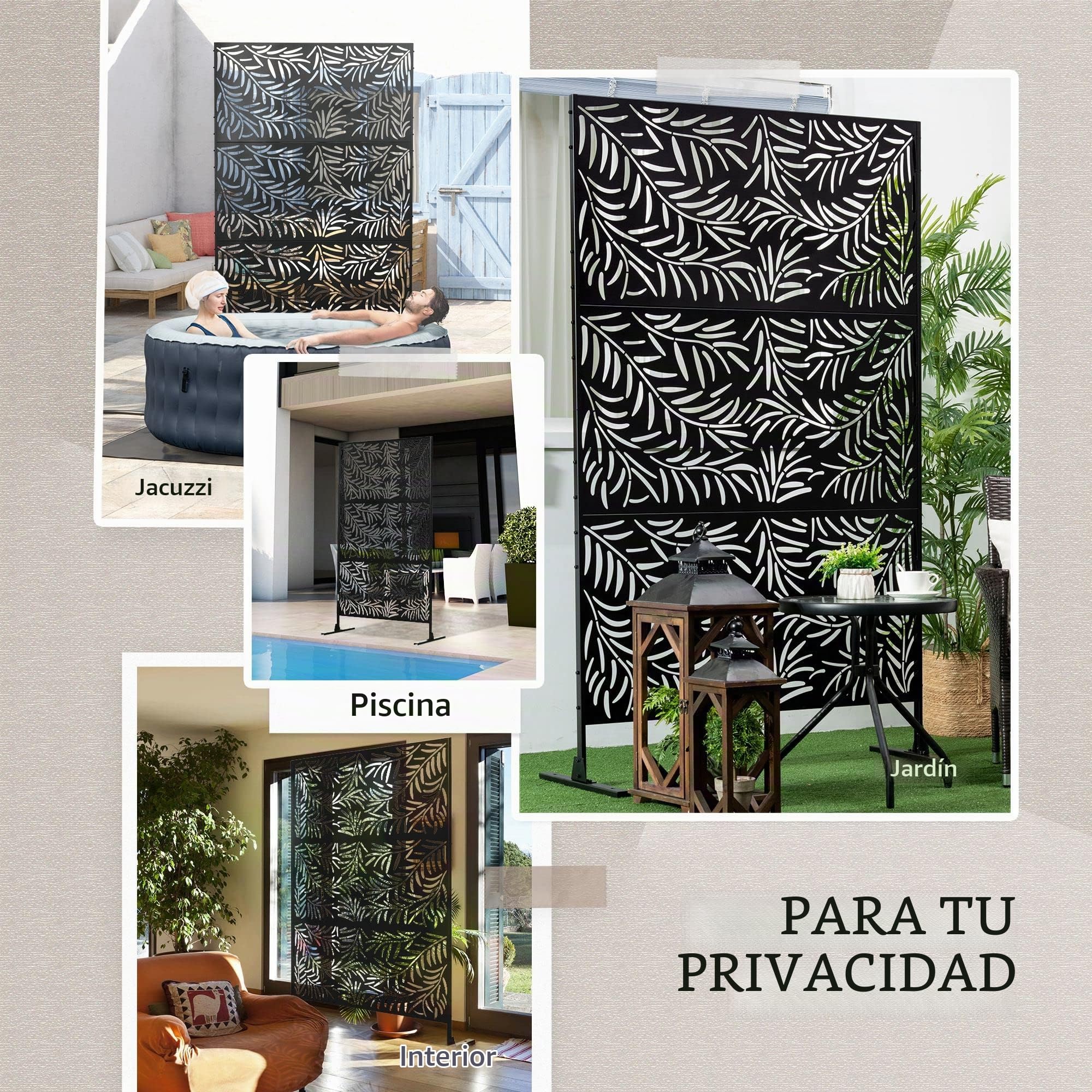 Outsunny Biombo de 3 Piezas para Exterior Jardín 122x45x198 cm Negro | Diseño de Hoja de Sauce para Patio y Terraza