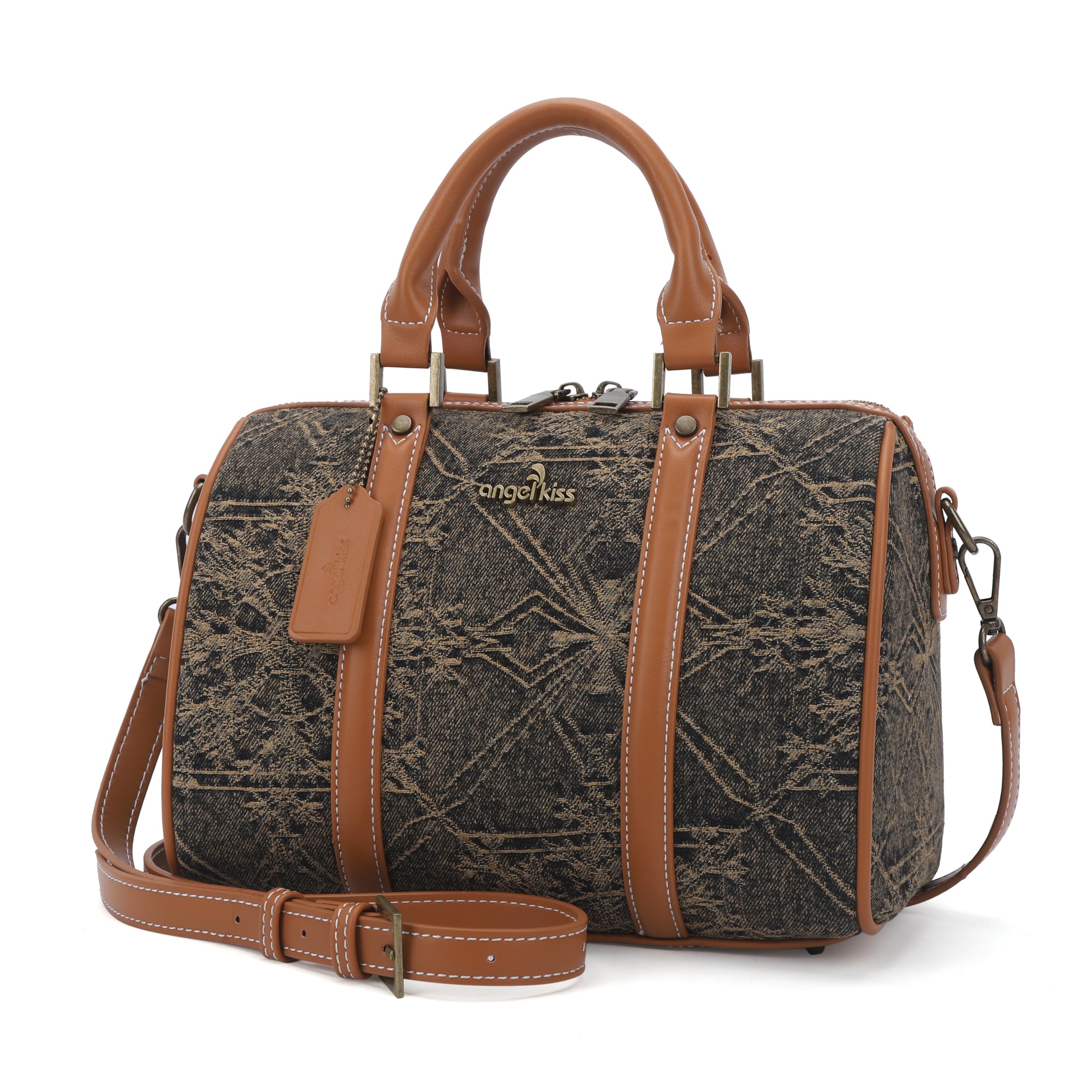 Angel Kiss Women Satchel Purses and Handbags Vegan Leather Boston Barrel Bag Top Handle Shoulder Purse with Crossbody Strap | Vegan Leather, Top