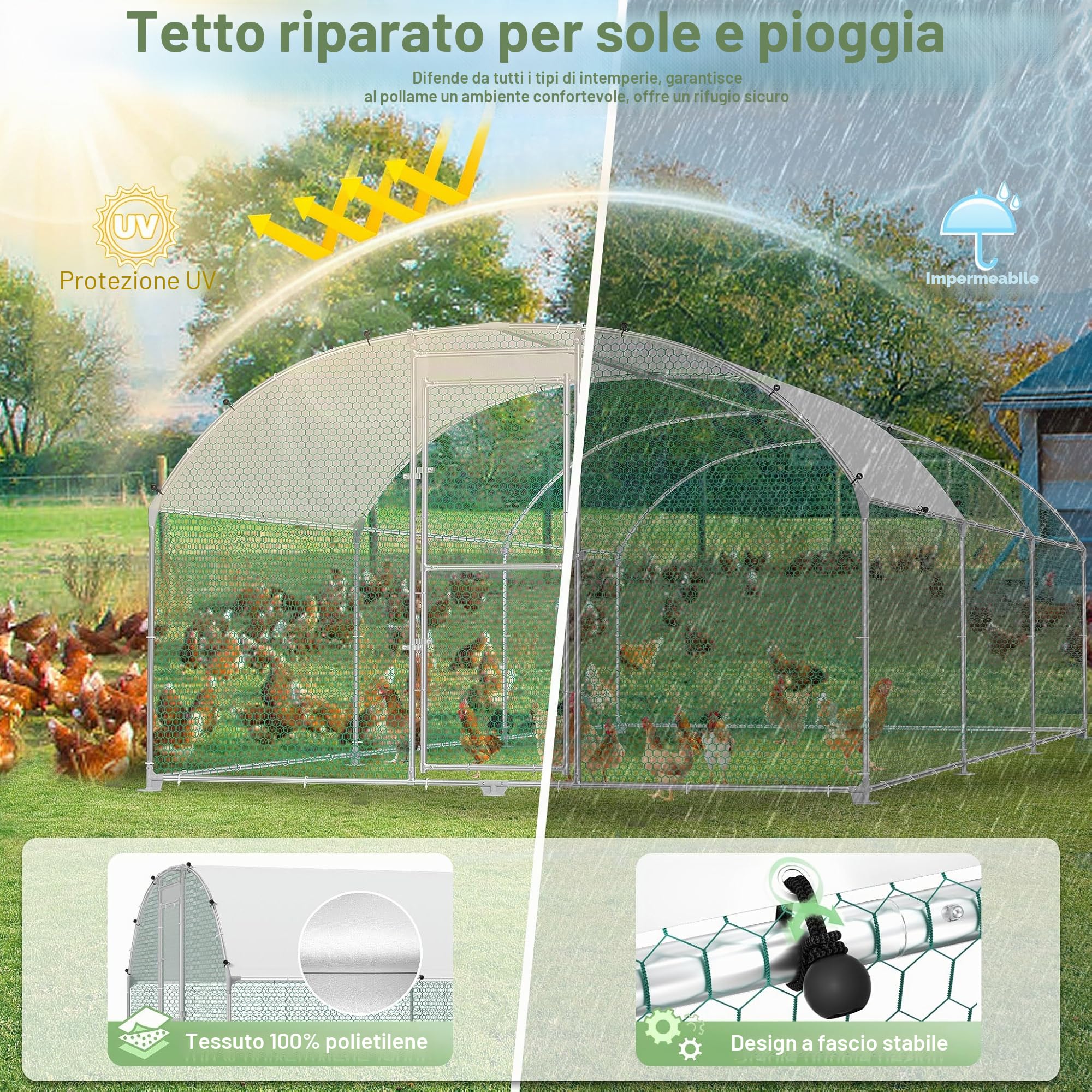 Gabbia per animali domestici con recinto per galline in metallo zincato 3x8 m, resistente all'inverno, con tetto protettivo dal sole e serratura, recinto per piccoli animali, pollame, piante