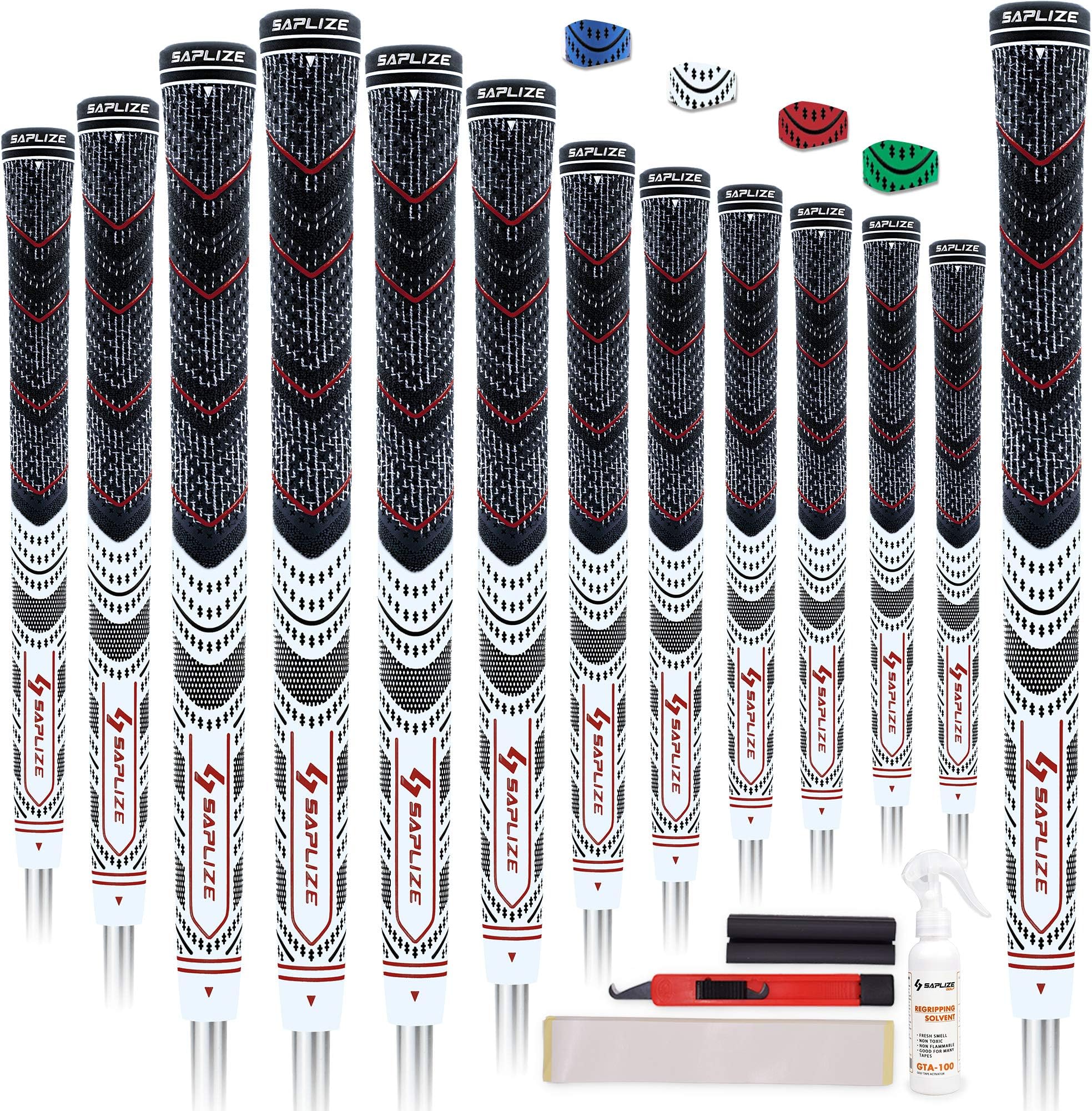 SAPLIZE Golf Grips 13 Pack with Sovlent Kit, Low Taper Design, 4 Colors Options, Multi-compound Hybrid Golf Club Grips, Standard/Midsize, CL04 Series
