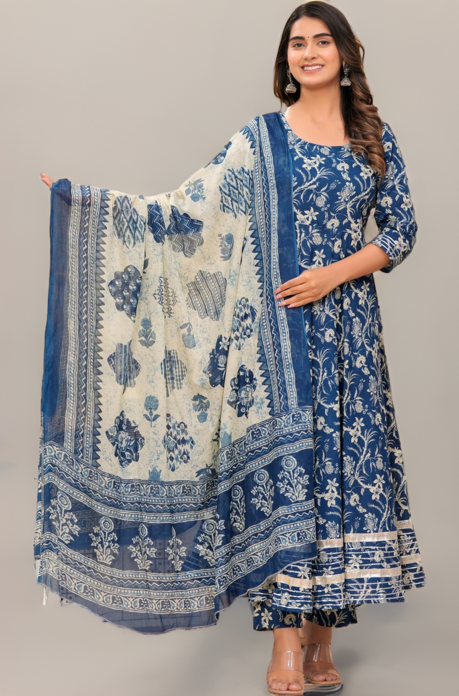 MEERA FAB Women's Cotton Printed Anarkali Kurta with Palazzo & Dupatta Set with Dori