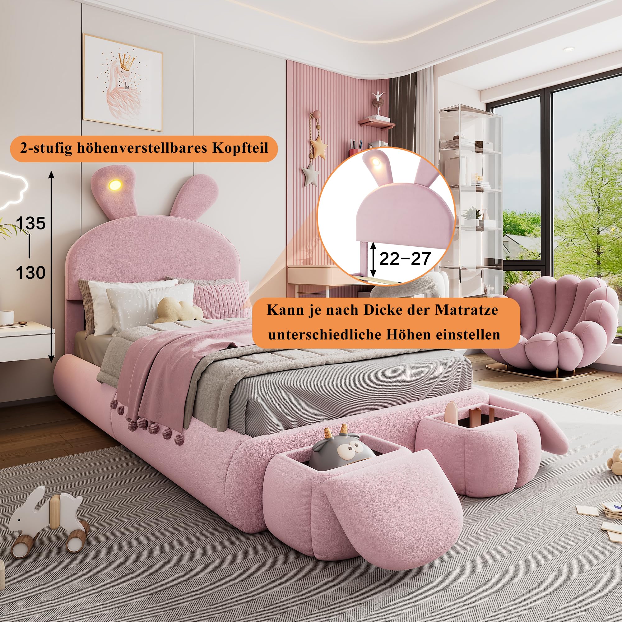 Soweiz Cama tapizada, cama individual, con orejas de conejo y tiras de luz de color cálido con brillo ajustable, con dos cajones de almacenamiento, cama infantil con somier de madera, terciopelo