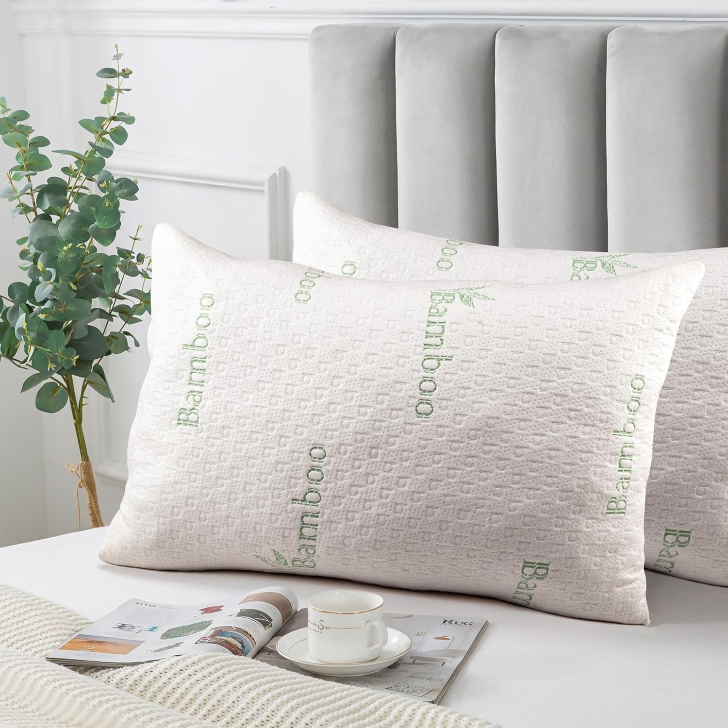Queen Size Plush Bamboo Microfiber Pillows with Cotton Cover, Set of 2