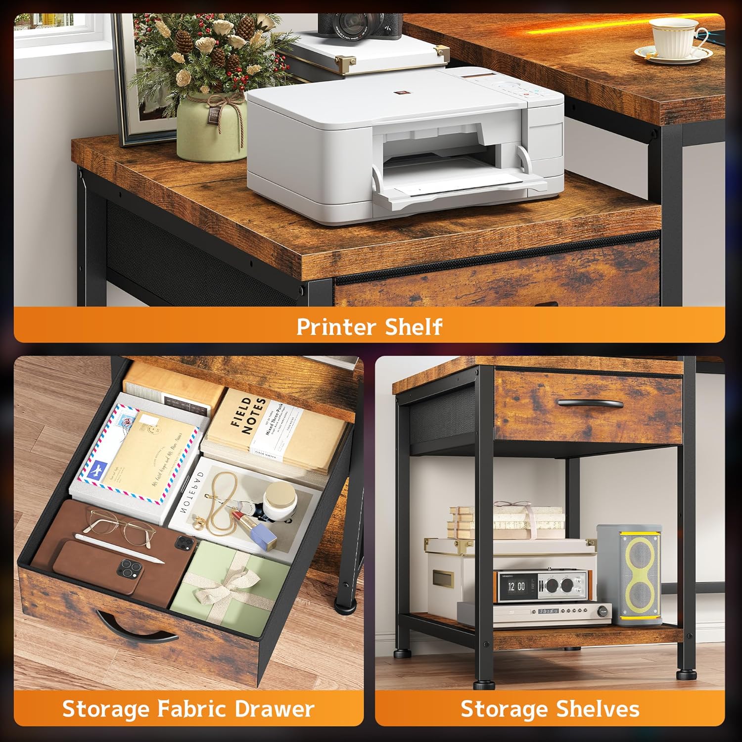 56 Inch Computer Desk,Reversible Office Desk with LED Lights & Power Outlets,Writing Desk with Wide Tabletop for Study,Writing,Desk with Drawers & Printer Shelf for Storage,Craft,Rustic Brown