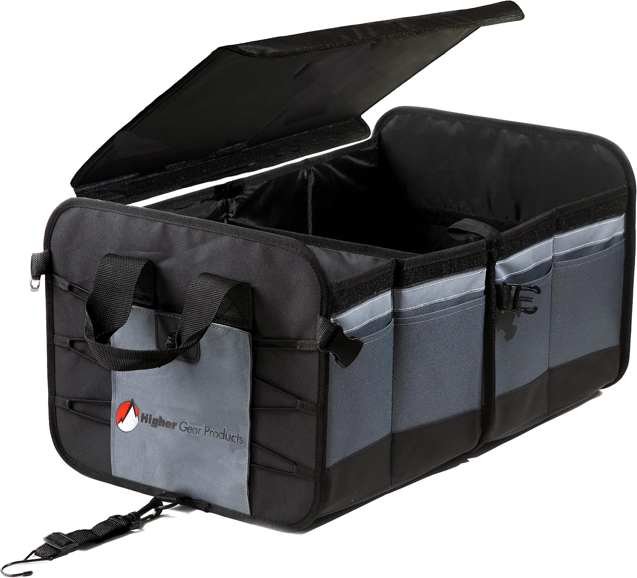 Higher Gear Large Car Organizer - Collapsible, Multi Compartment Trunk Organizer for SUV - Non-Slip Bottom, Adjustable Securing Straps & Foldable Cover - Perfect Storage & Organization Solution (Gray)